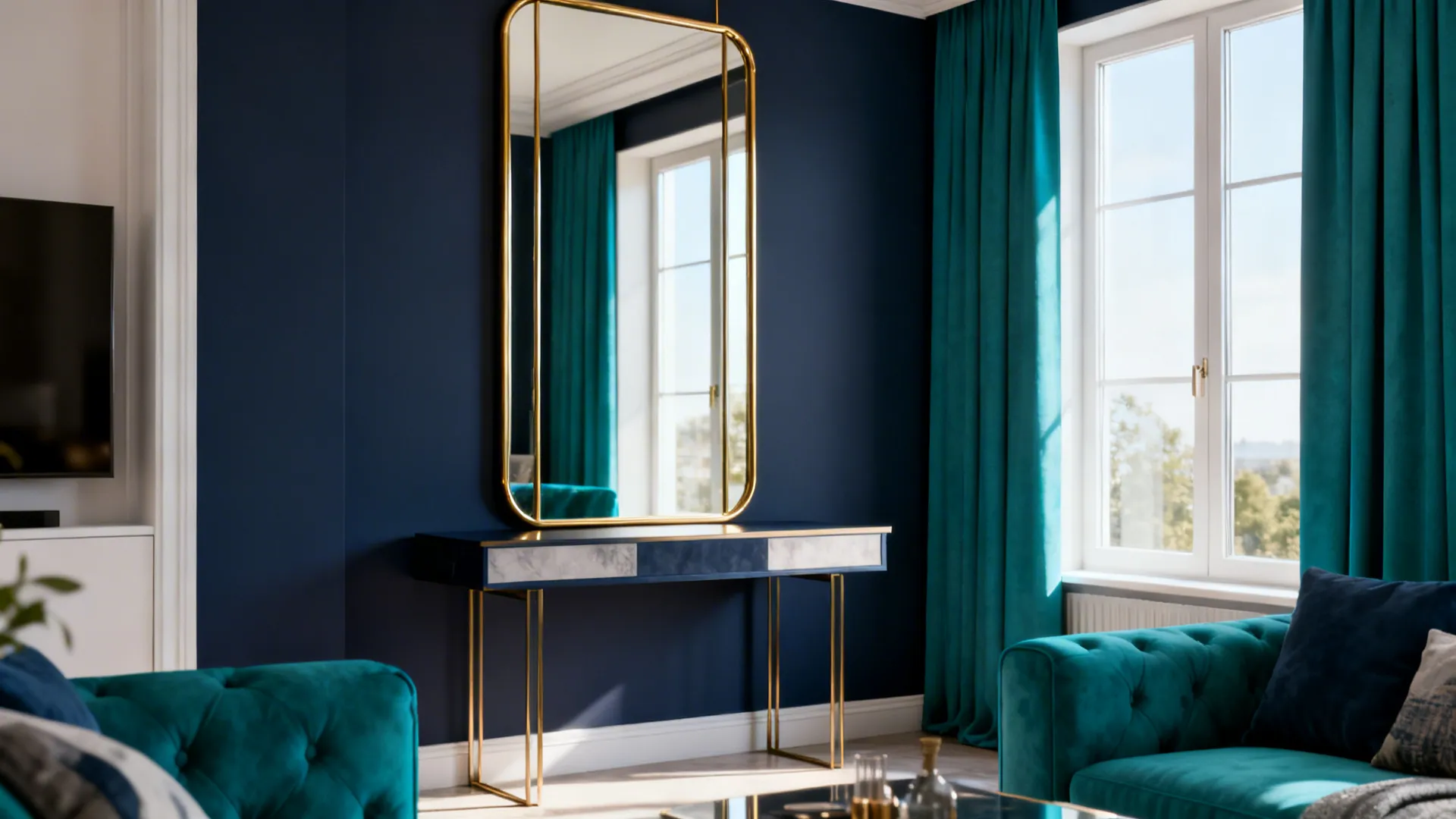 Large slim brass-framed mirror opposite a window brightening a navy and teal living room