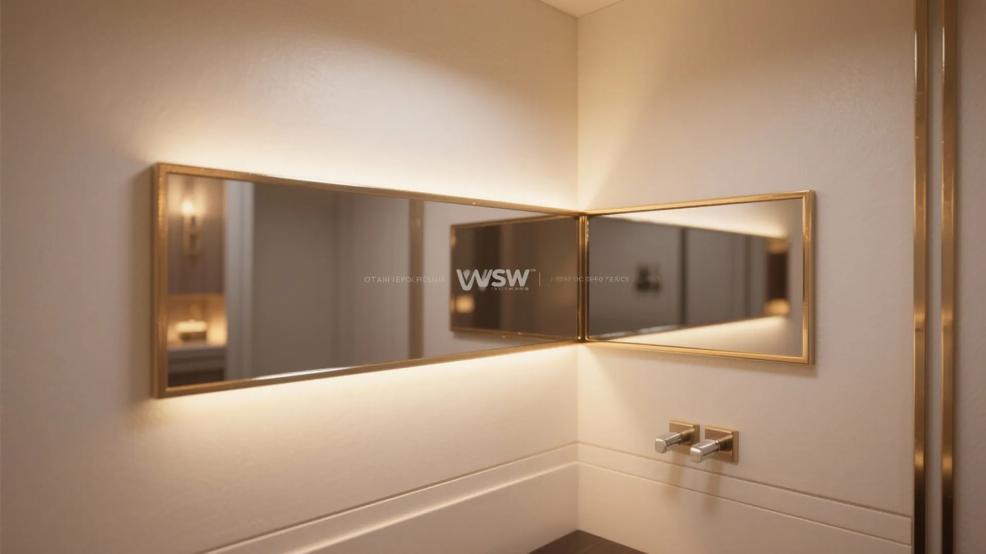 Modern bathroom corner with two gold framed mirrors featuring backlighting and chrome metal water taps