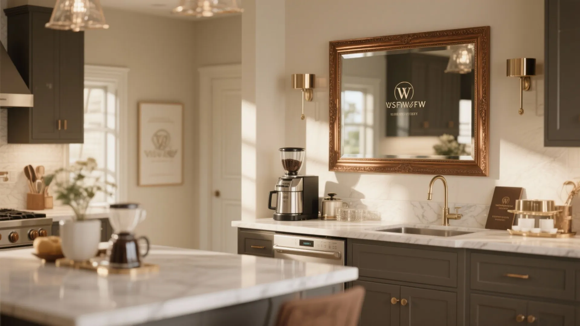 Kitchen coffee station with bronze mirror and metallic accents