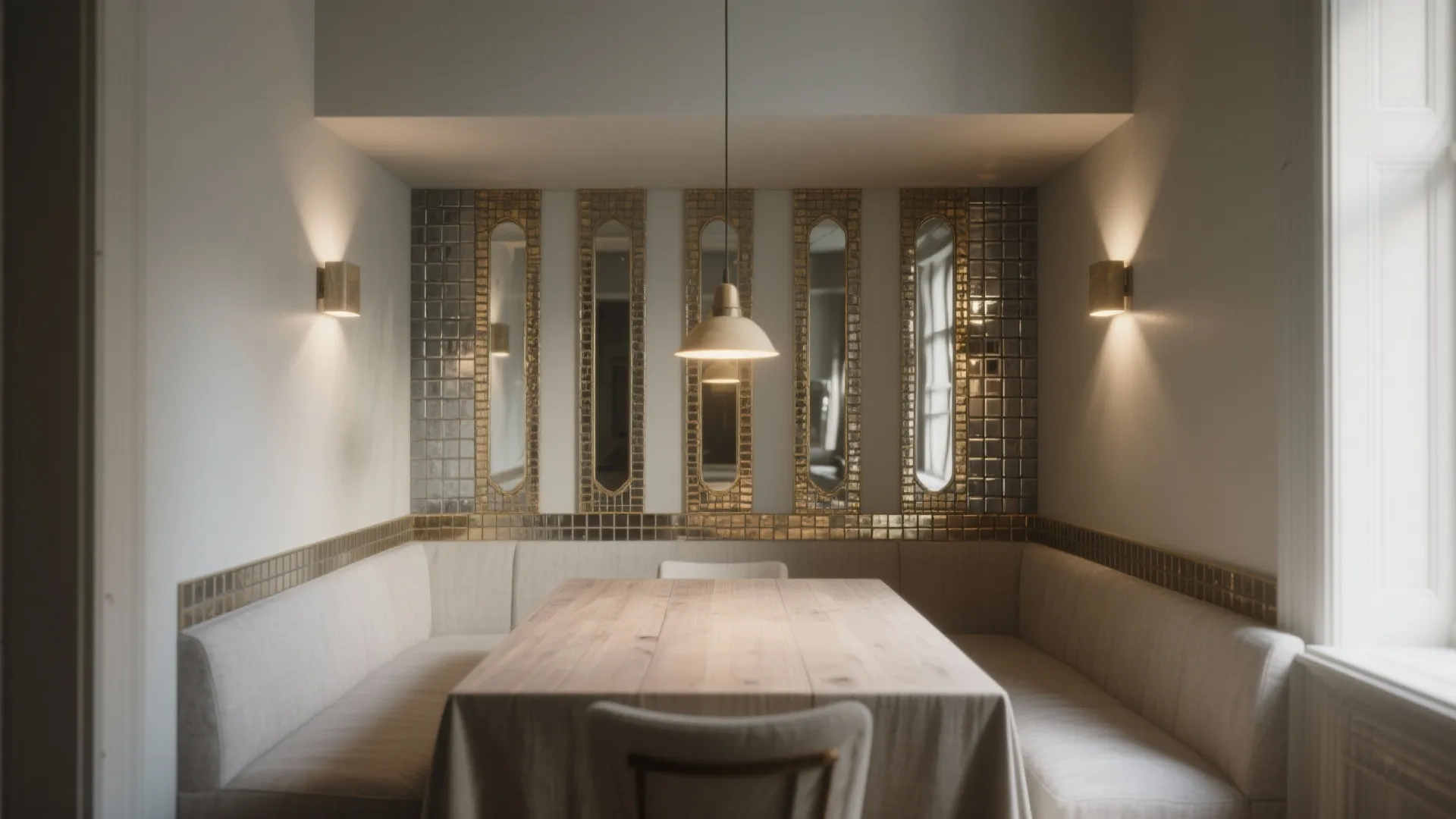 4) Mirror or metallic tiles to brighten a dim nook