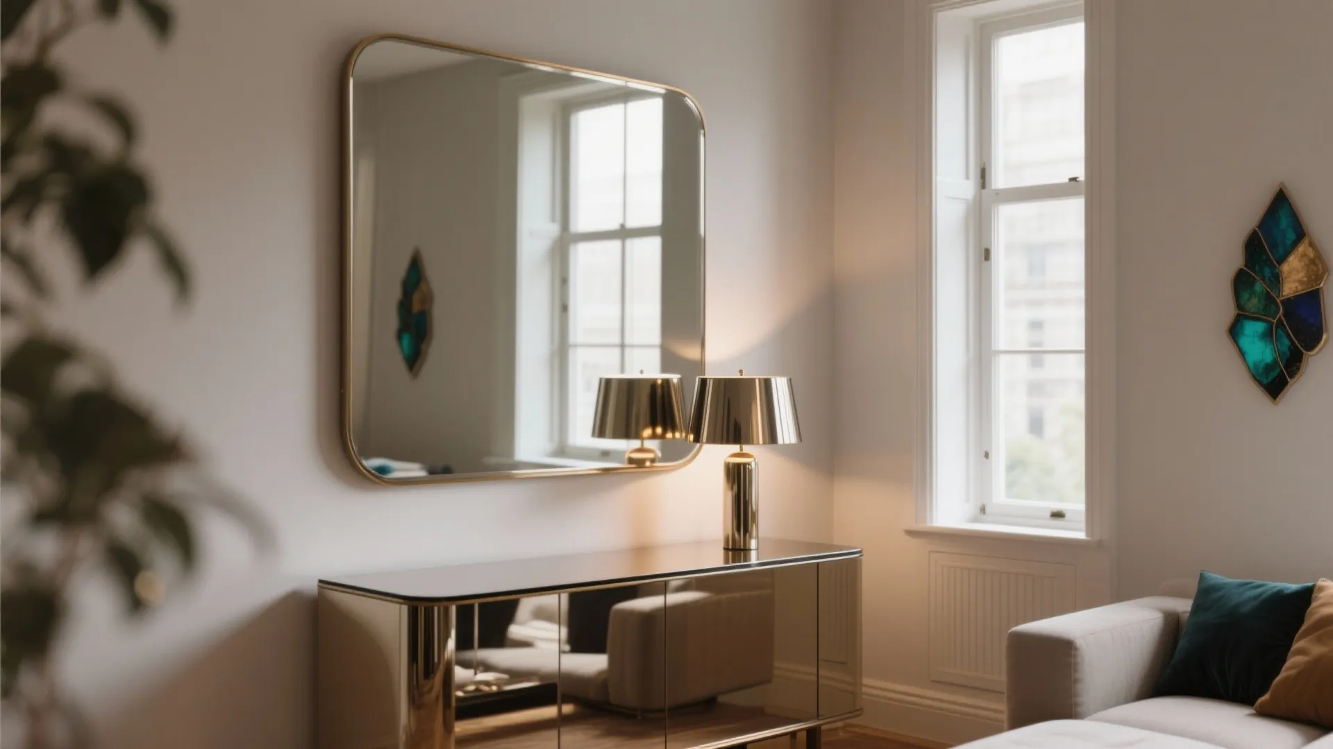 Modern living room corner with large square mirror above a shiny gold cabinet and gold lamp