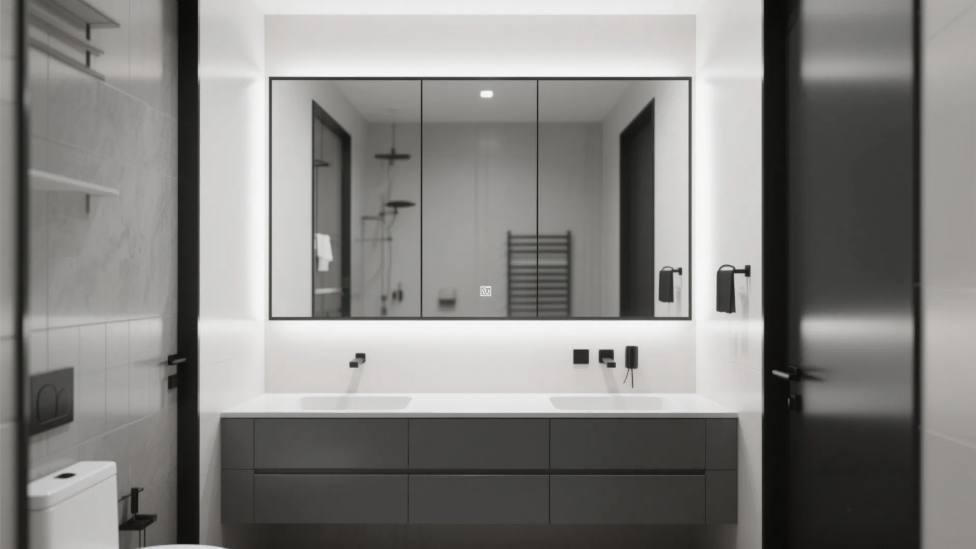 Oversized black-framed mirror above a streamlined gray vanity with minimal hardware and backlighting
