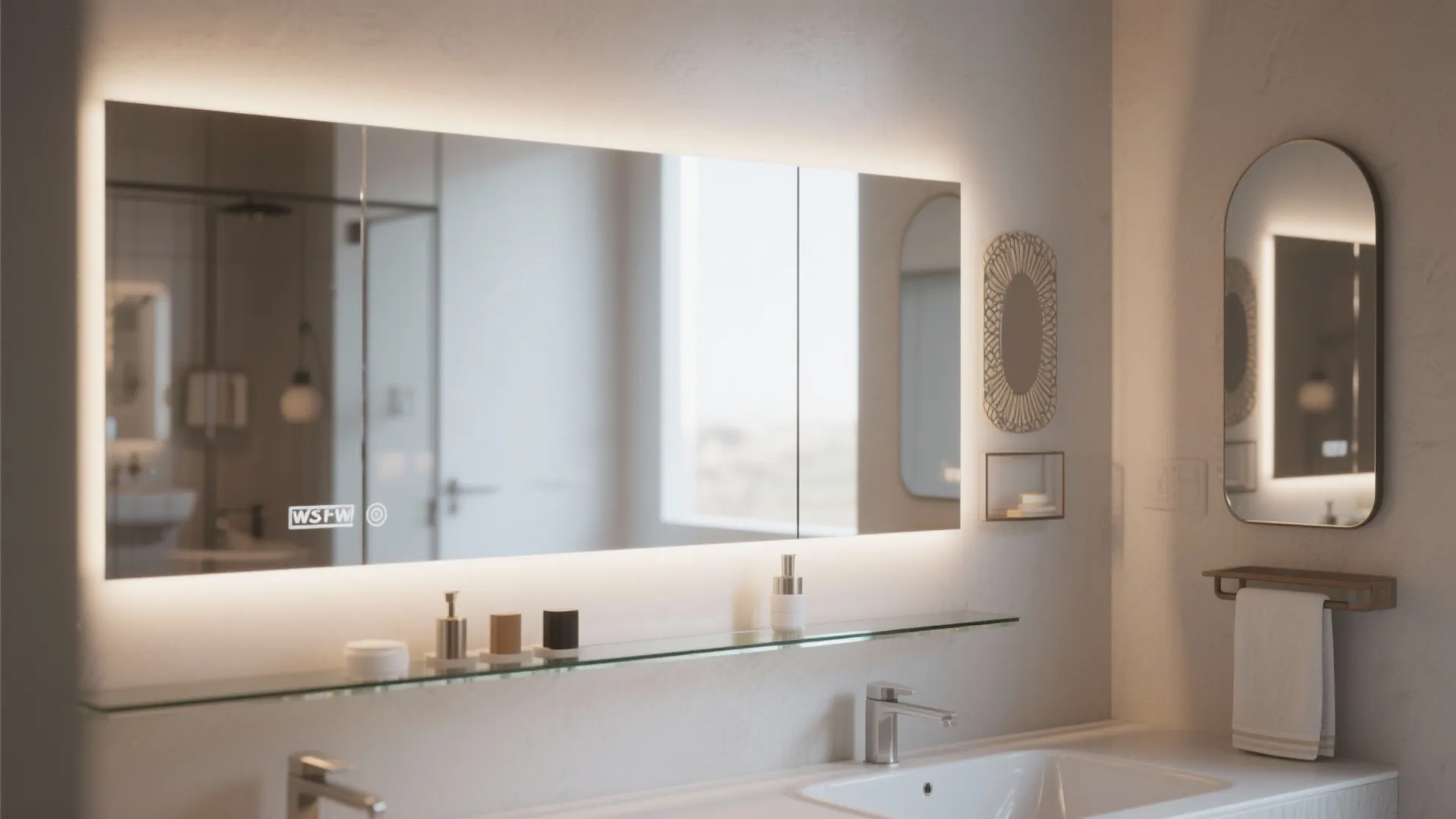 Modern bathroom with large lighted wall mirror glass shelf white sink and warm interior lighting