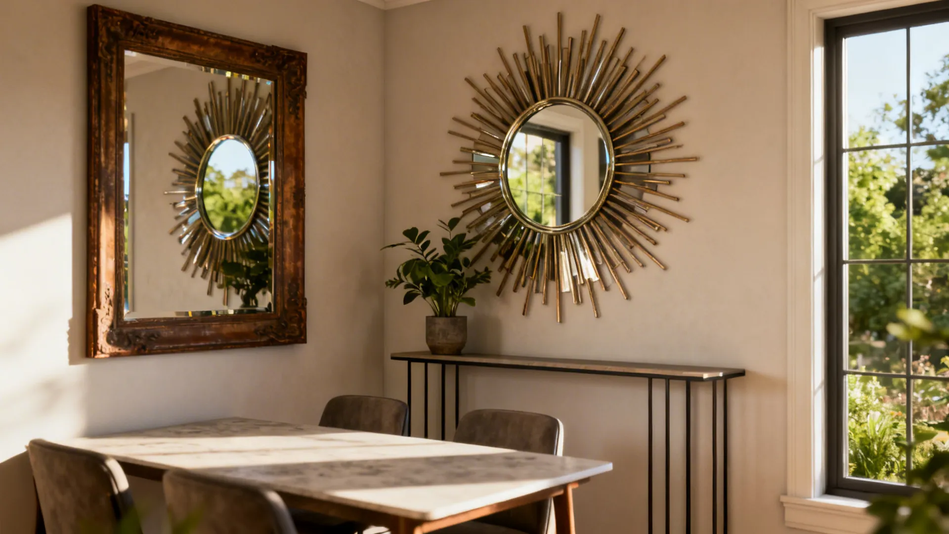 Dining area with a mix of vintage and sunburst mirrors reflecting light and creating depth.