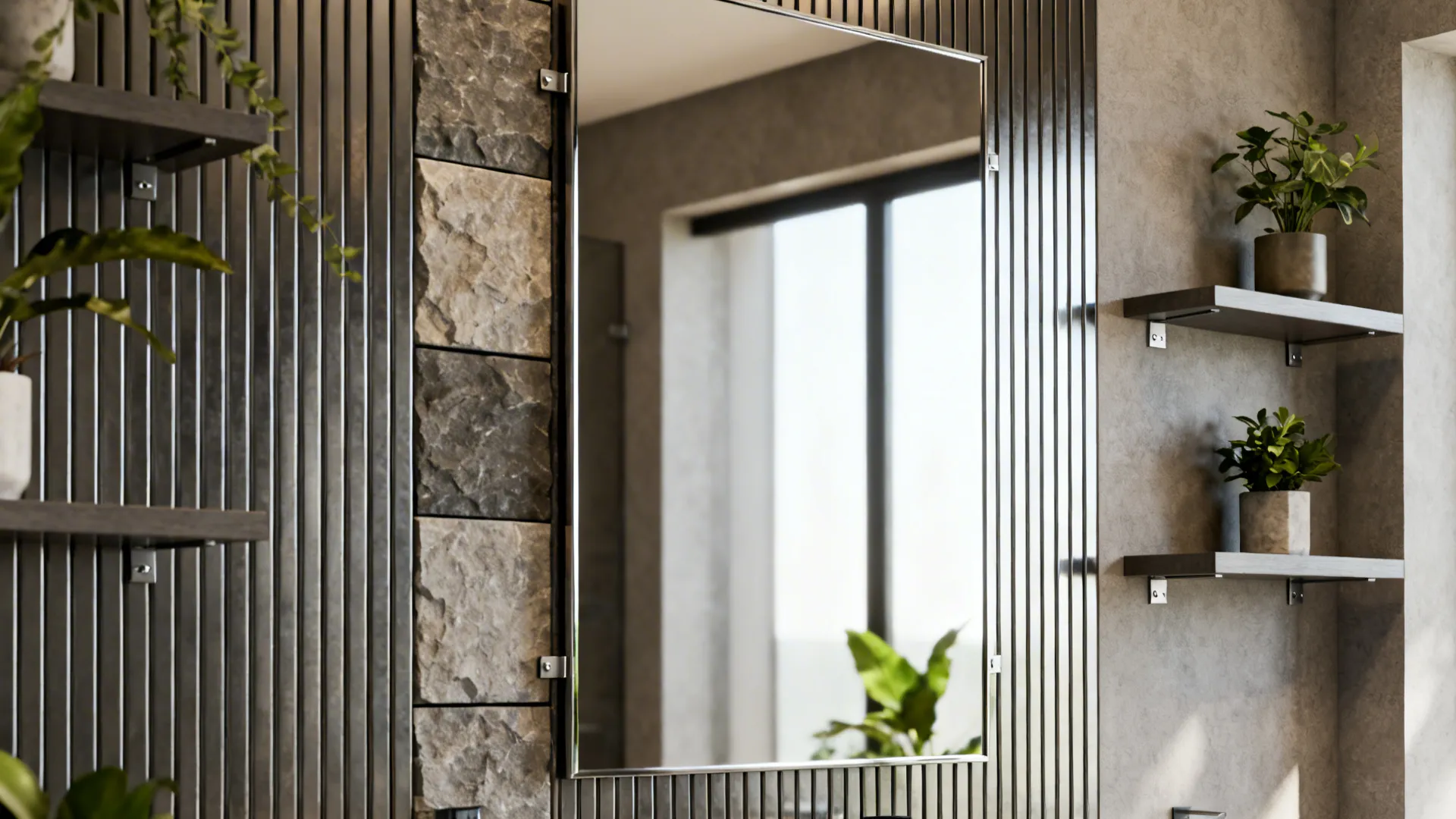 Oversized mirror with metal and stone accents and floating shelves reflecting light to enlarge the living room.