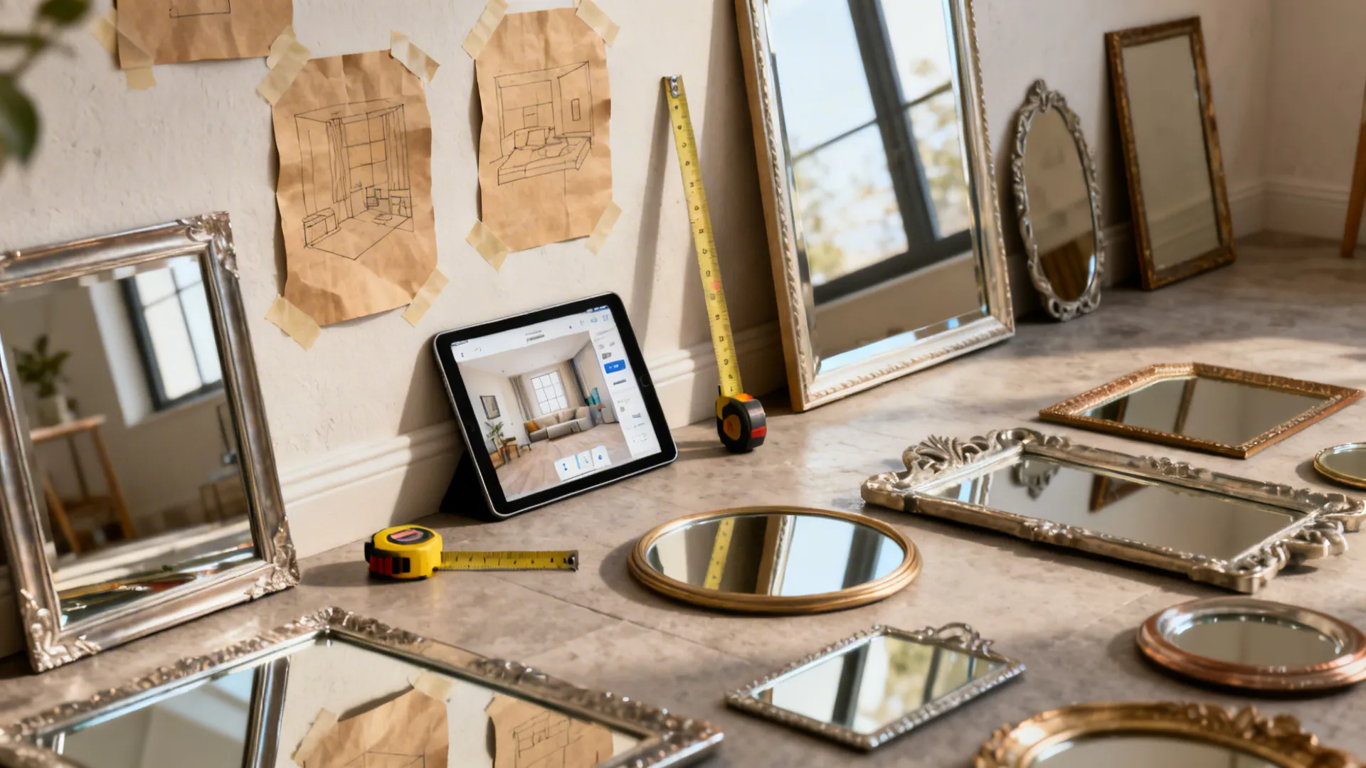Kraft paper mockups taped to a wall, measuring tape and tablet with room-planning app used to test mirror sizes and placements.