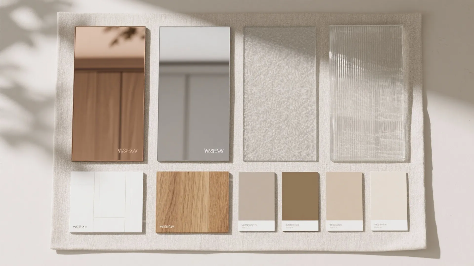 Interior design mood board with glass samples wood textures and color swatches on fabric background