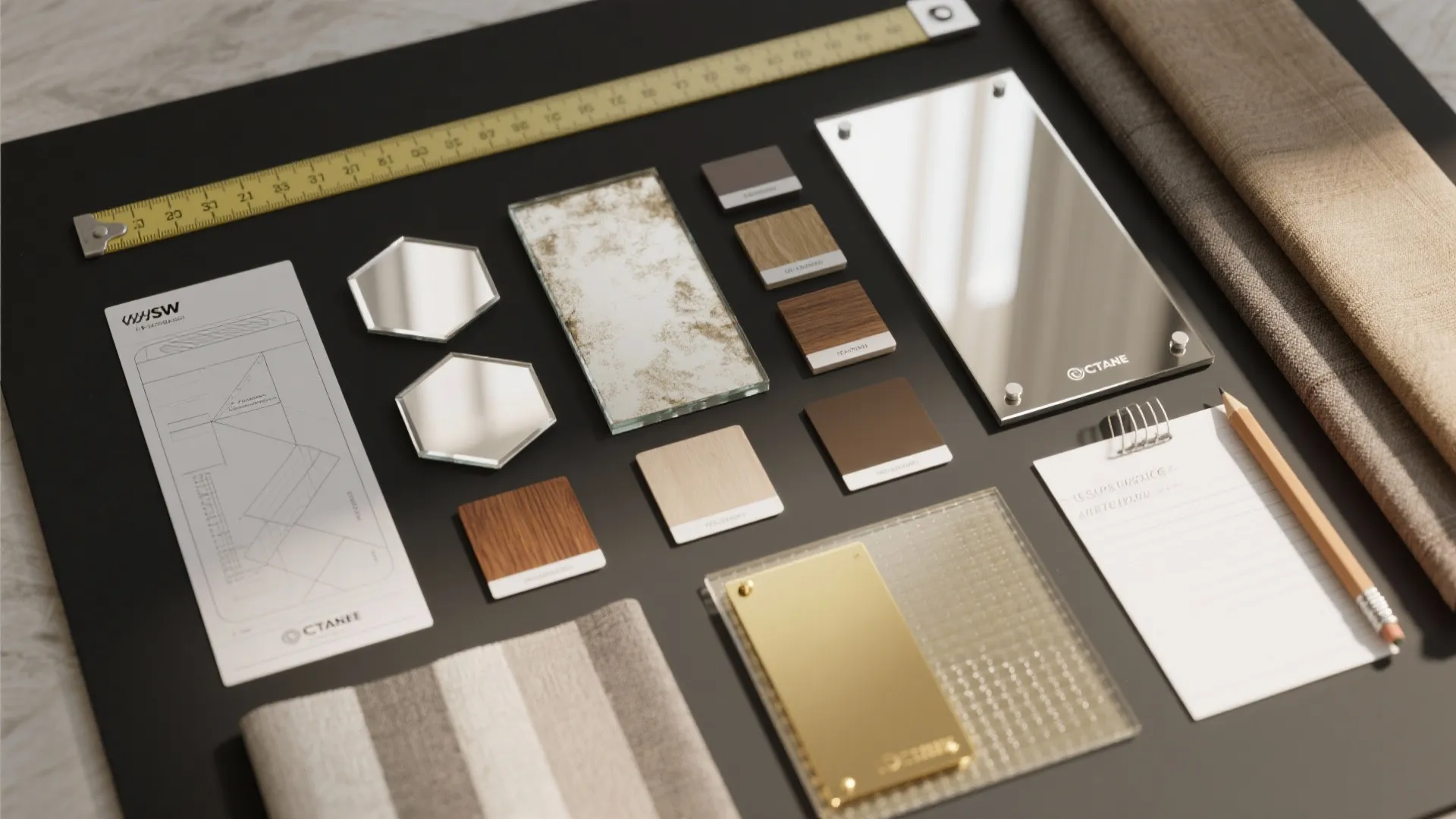 Top-down moodboard flatlay with mirror swatches, measuring tape, fabric chips, and scale mockups for mirror selection.