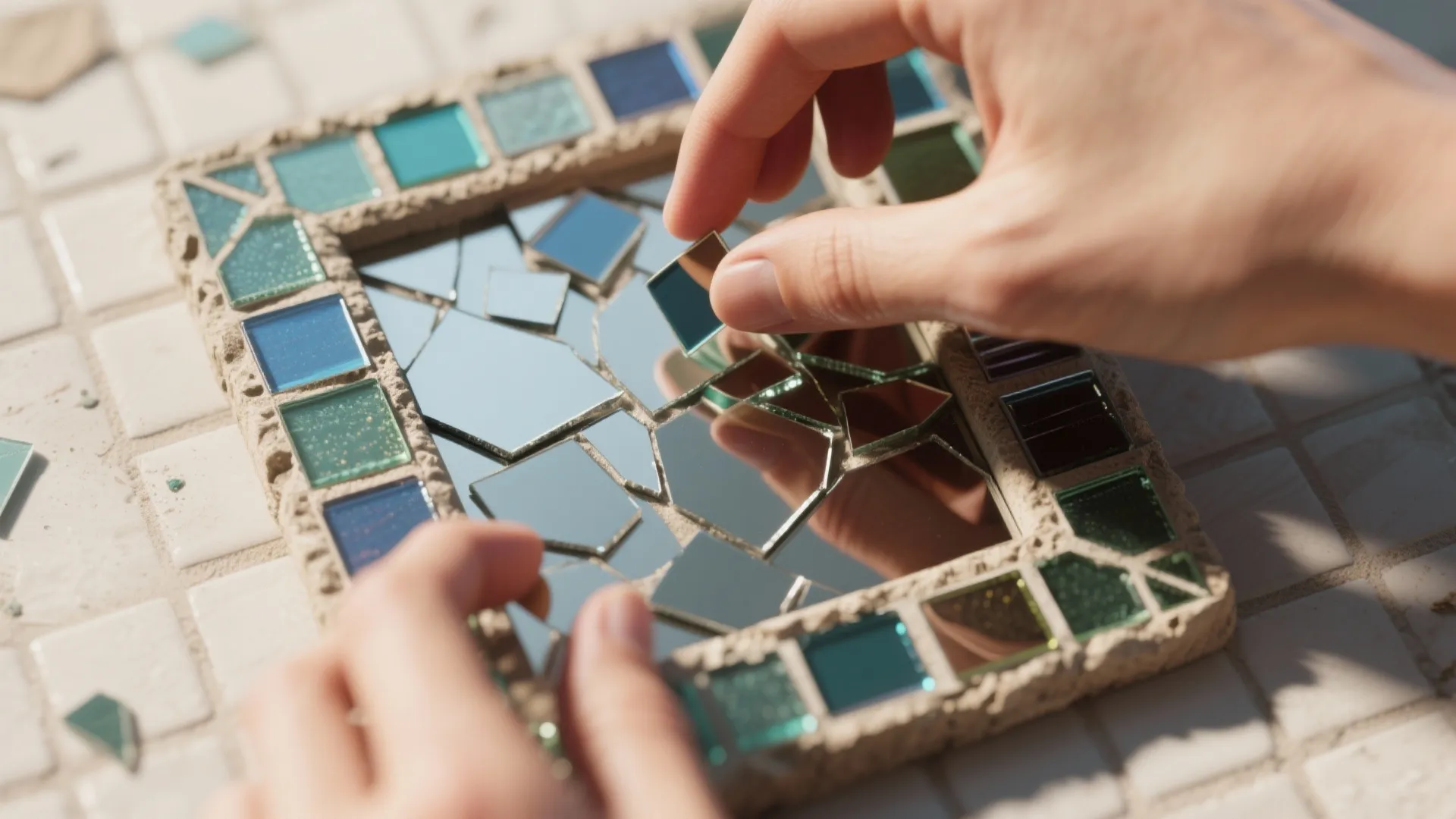 Hands carefully placing small blue and silver glass tiles to create a decorative mirror mosaic craft