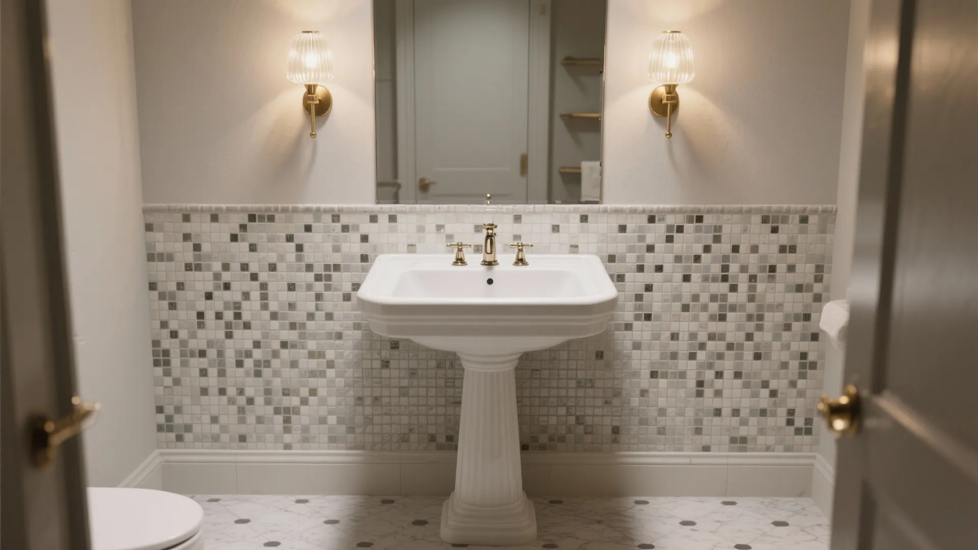 Mirrored mosaic backsplash behind the vanity