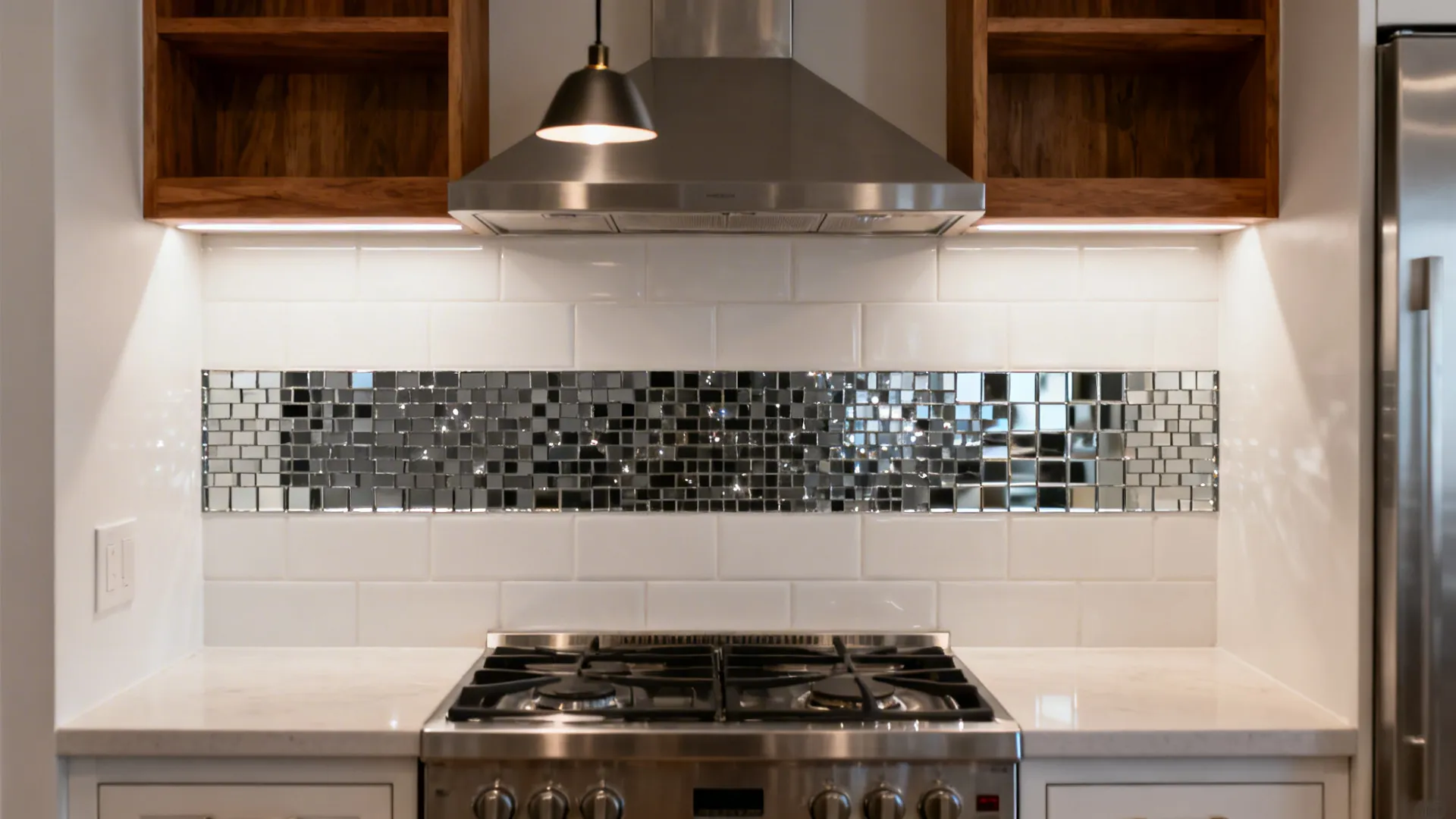 Smoke-tinted mirror mosaic band adds depth above a compact cooktop.