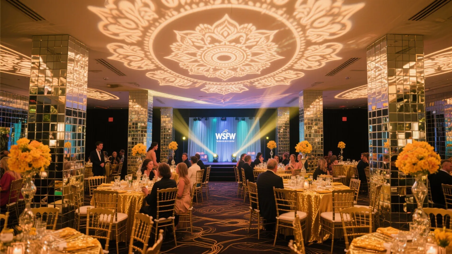 Banquet hall with mirror mosaic columns and moving gobo patterns projecting paisley motifs on the ceiling.