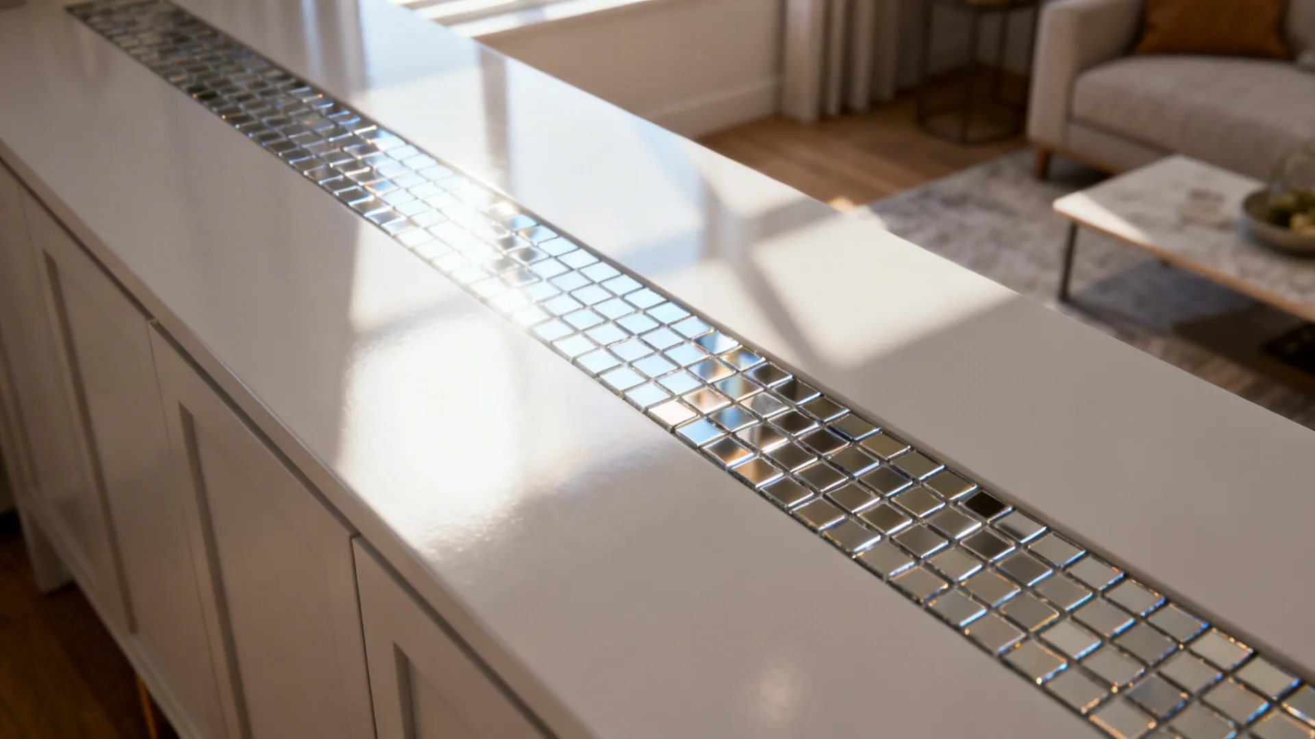 Mirrored mosaic strip inset above a console reflecting daylight to brighten the room