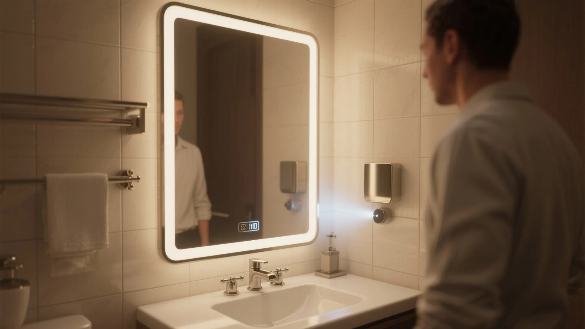 Modern bathroom with glowing square mirror and small wall light shining on white sink counter