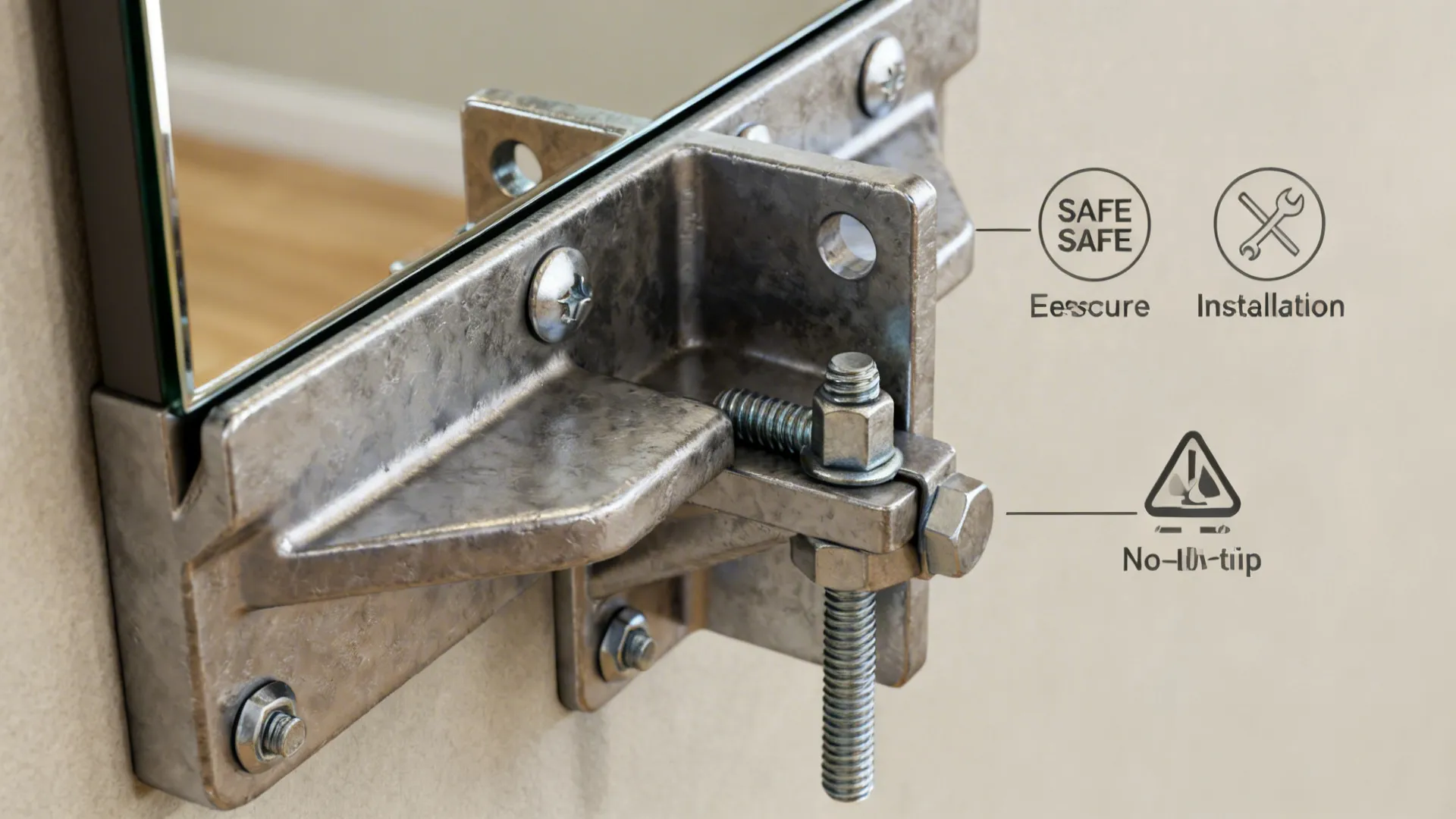 Close-up of mirror mounting hardware and anti-tip bracket for safe installation