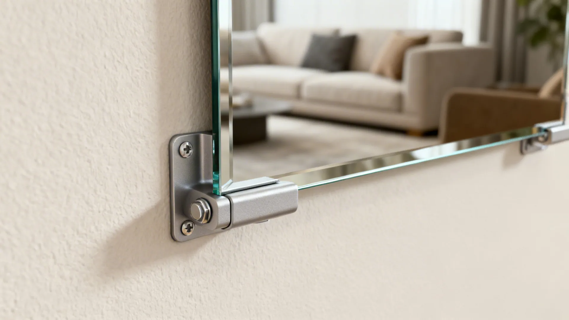 Tempered mirror edge with secure mounting bracket demonstrating safe installation.