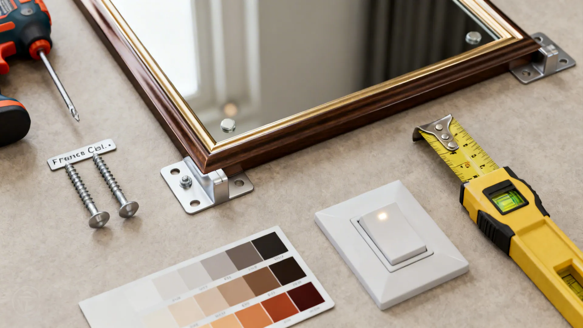 Various tools including a screwdriver measuring tape and screws arranged around a framed wall mirror
