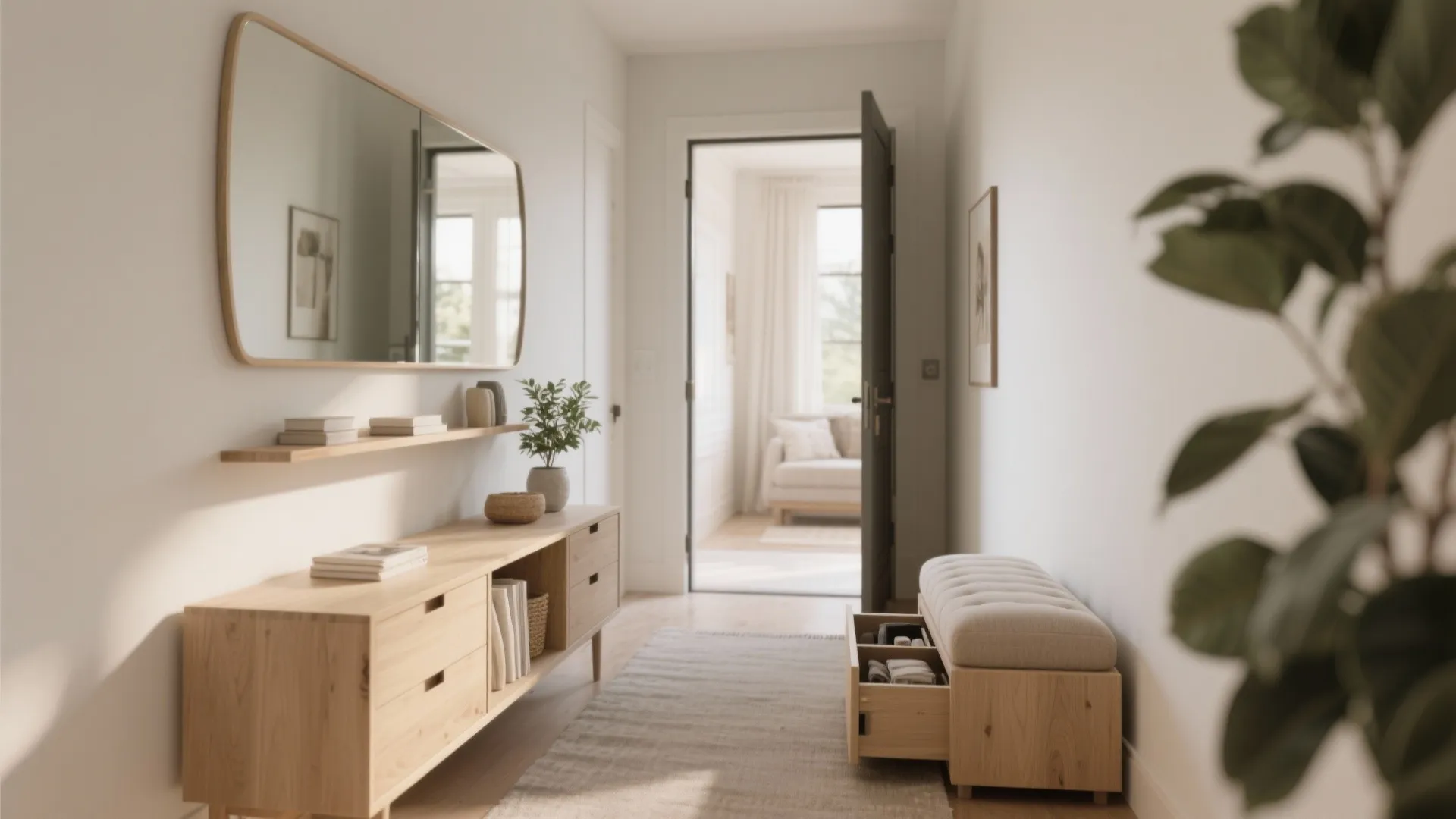 Entryway featuring large wall mirror, wooden storage cabinet, and padded bench with an open drawer