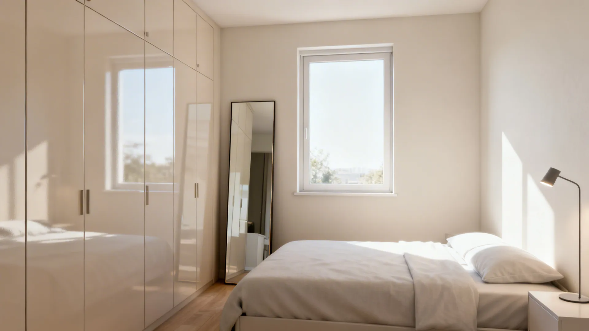 Small bedroom with a full-length mirror opposite the window and glossy cabinetry reflecting daylight.