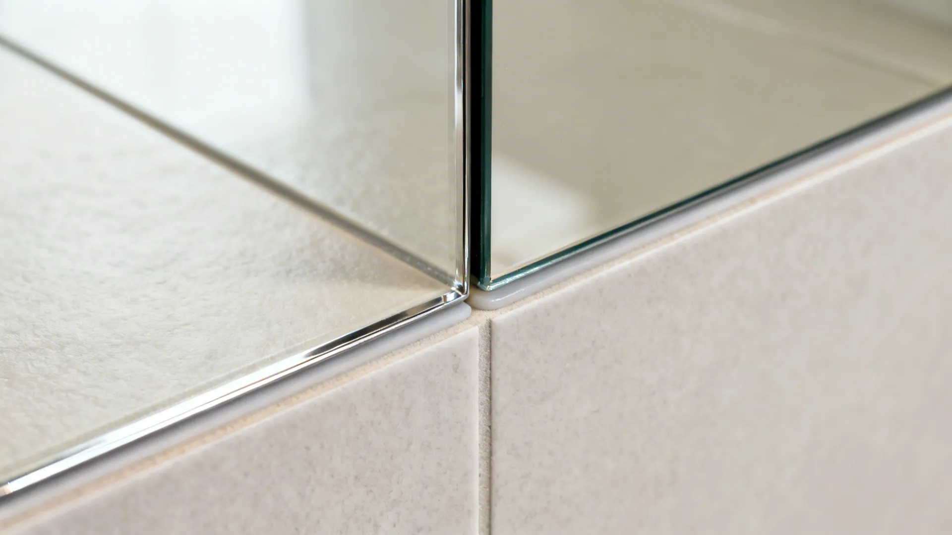 Close-up of a recessed mirrored cabinet edge aligned cleanly with surrounding tile.