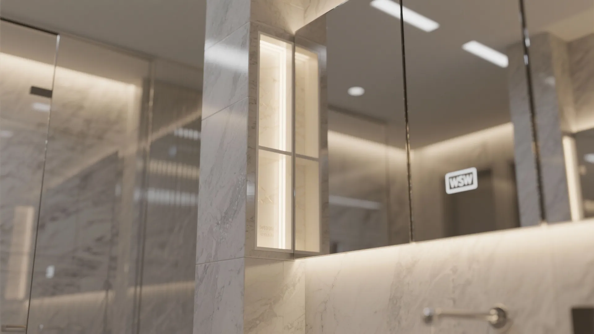 Mirror wall with recessed vertical niche softly backlit by hidden LEDs