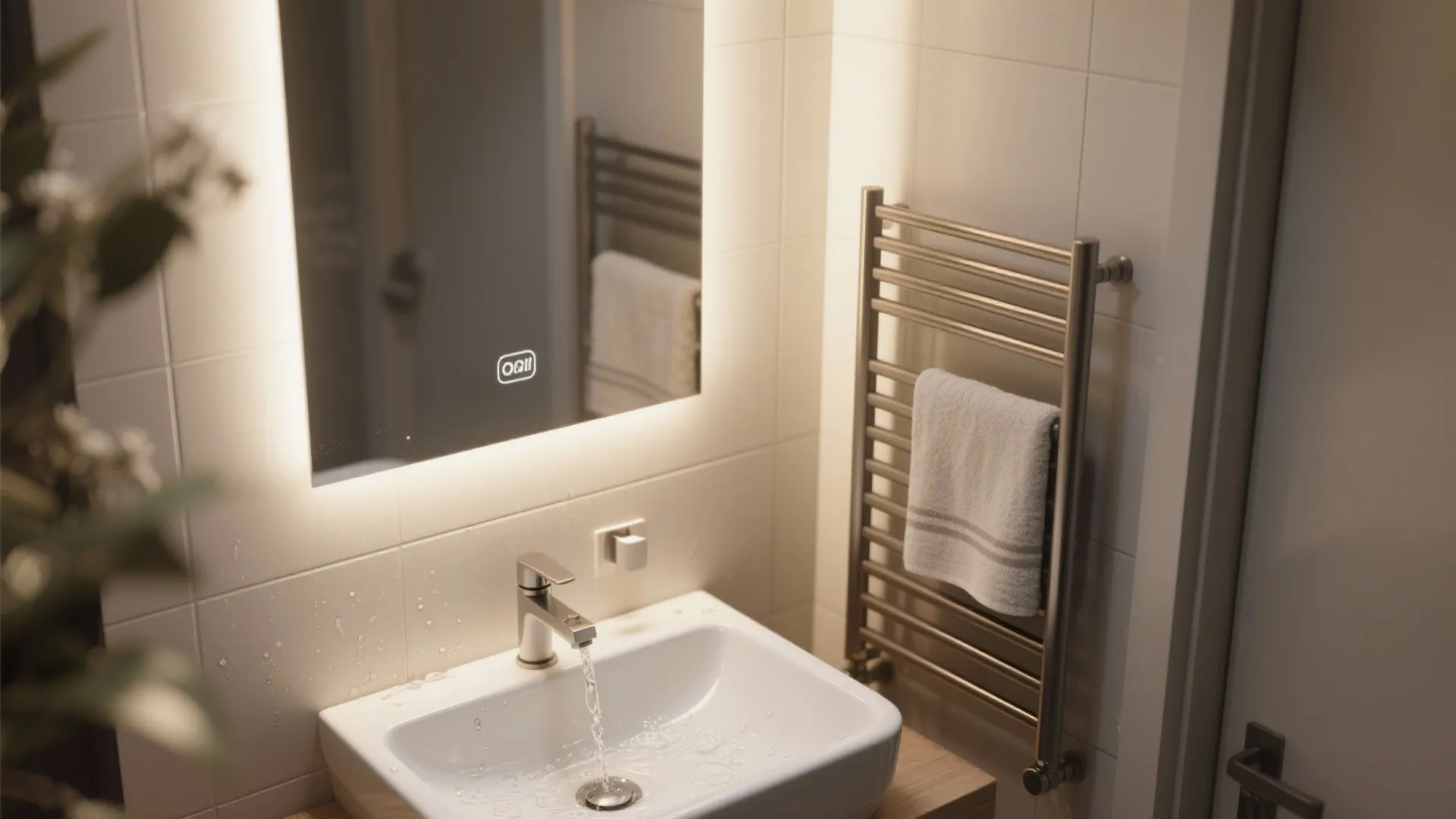 5. Mirror-Backed Sink Niche + Slim Radiator