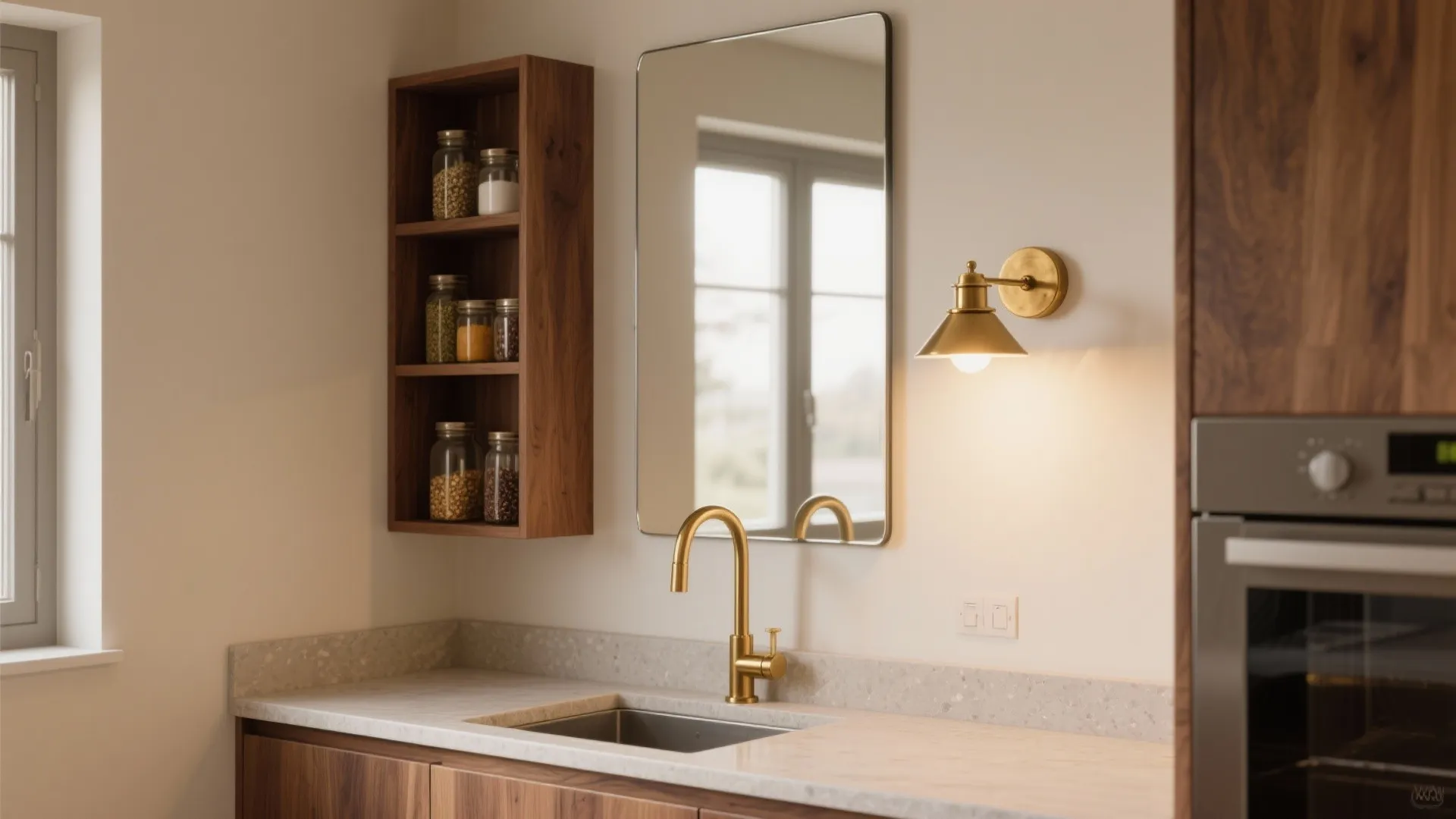 4) Mirror-Backed Niche with Warm Sconce