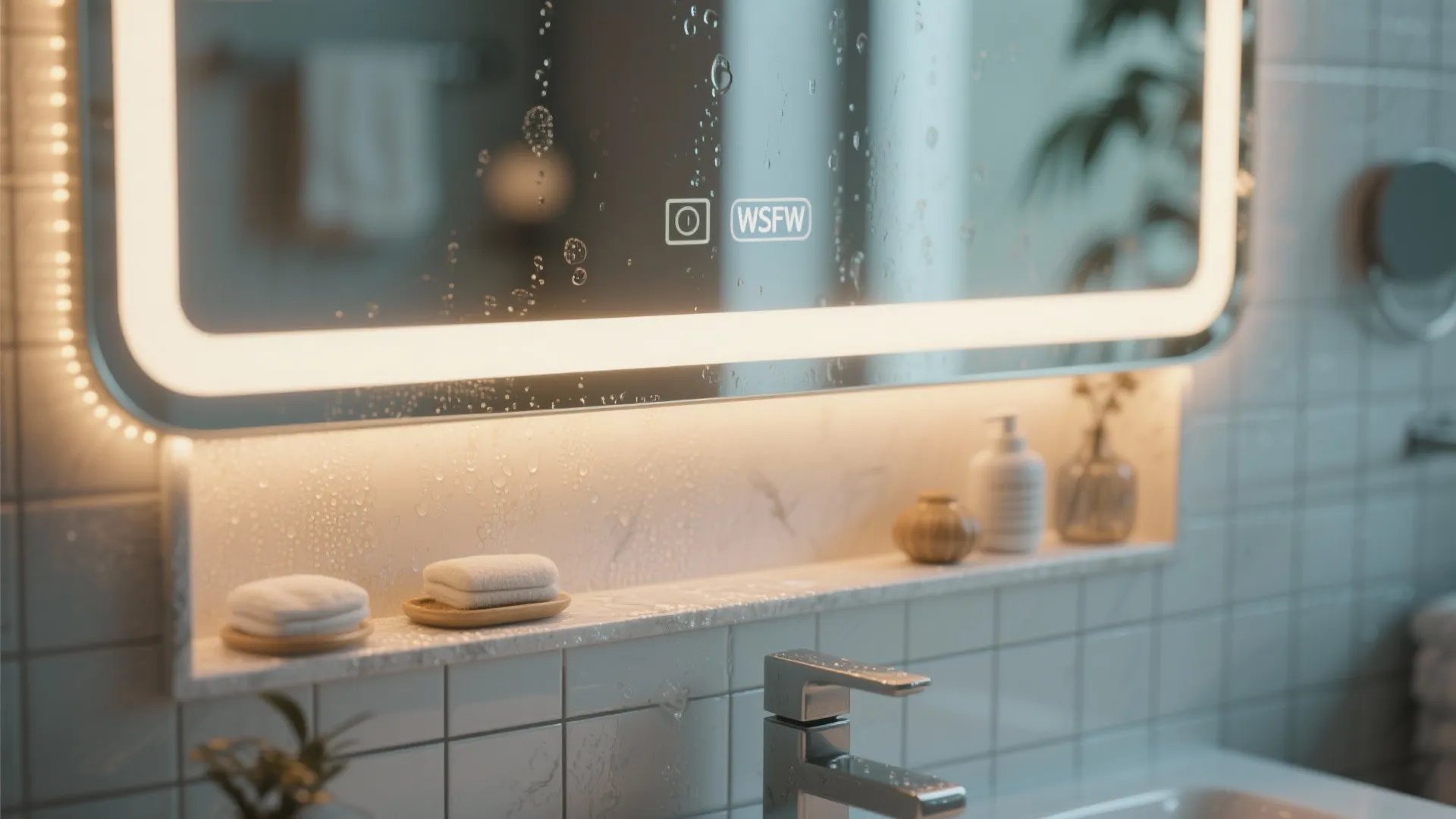 Modern bathroom smart mirror with built-in lights over white tiled wall with small shelf storage