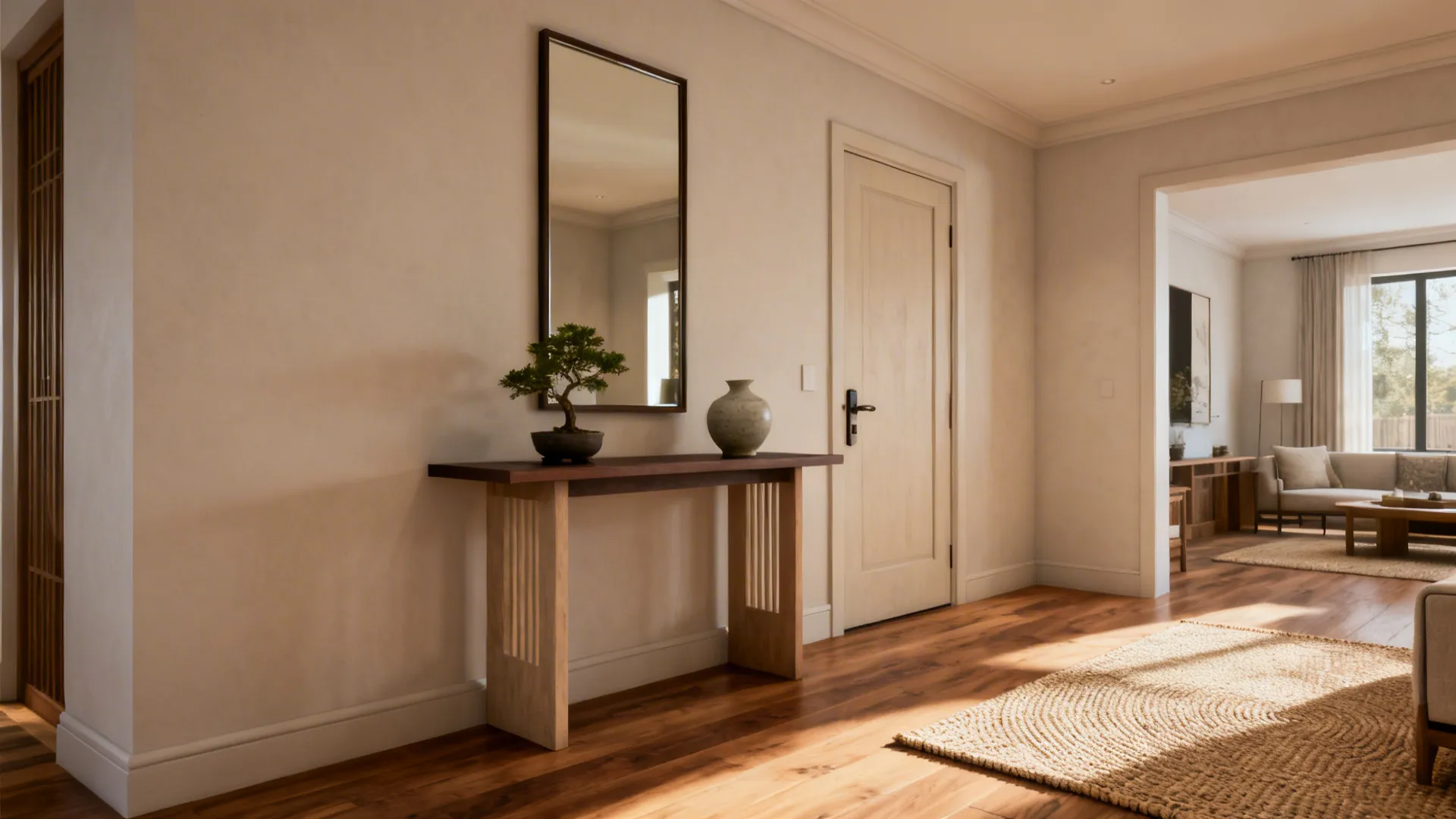 Entryway with wooden table small plant mirror on wall and open door leading to living room