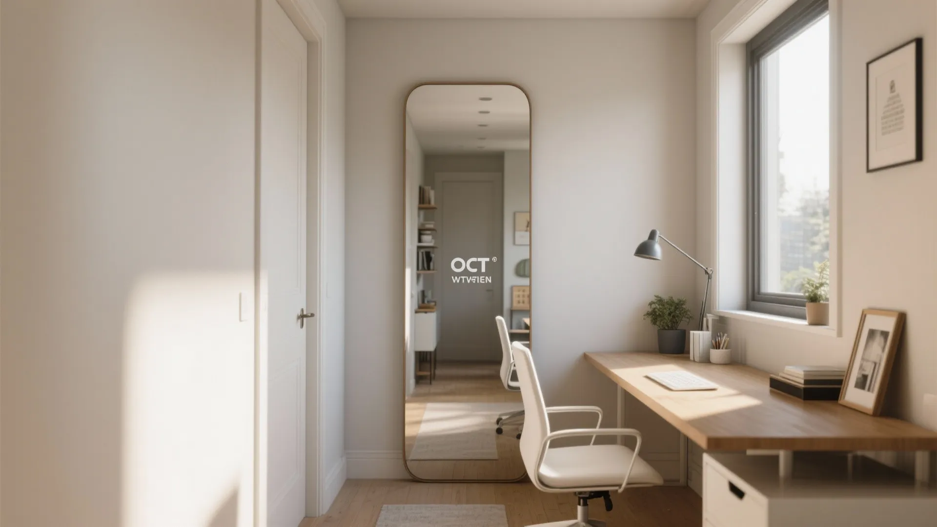 Small home office with wooden desk and a large floor mirror reflecting the room layout