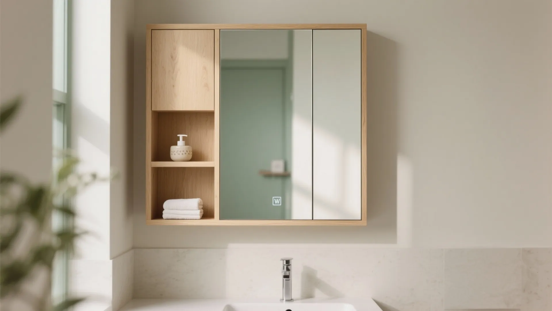 Open-Shelf + Mirror Hybrid (Airy Look, Smarter Zones)