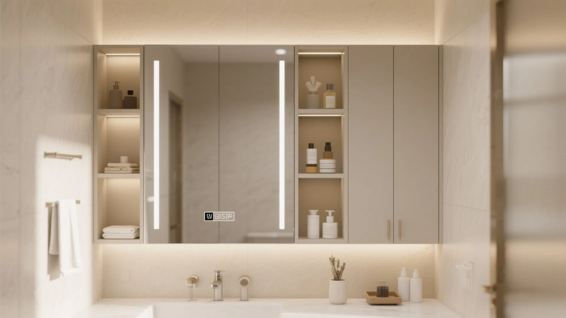 Bathroom wall cabinet with integrated LED lights open shelves displaying towels and various skincare product bottles