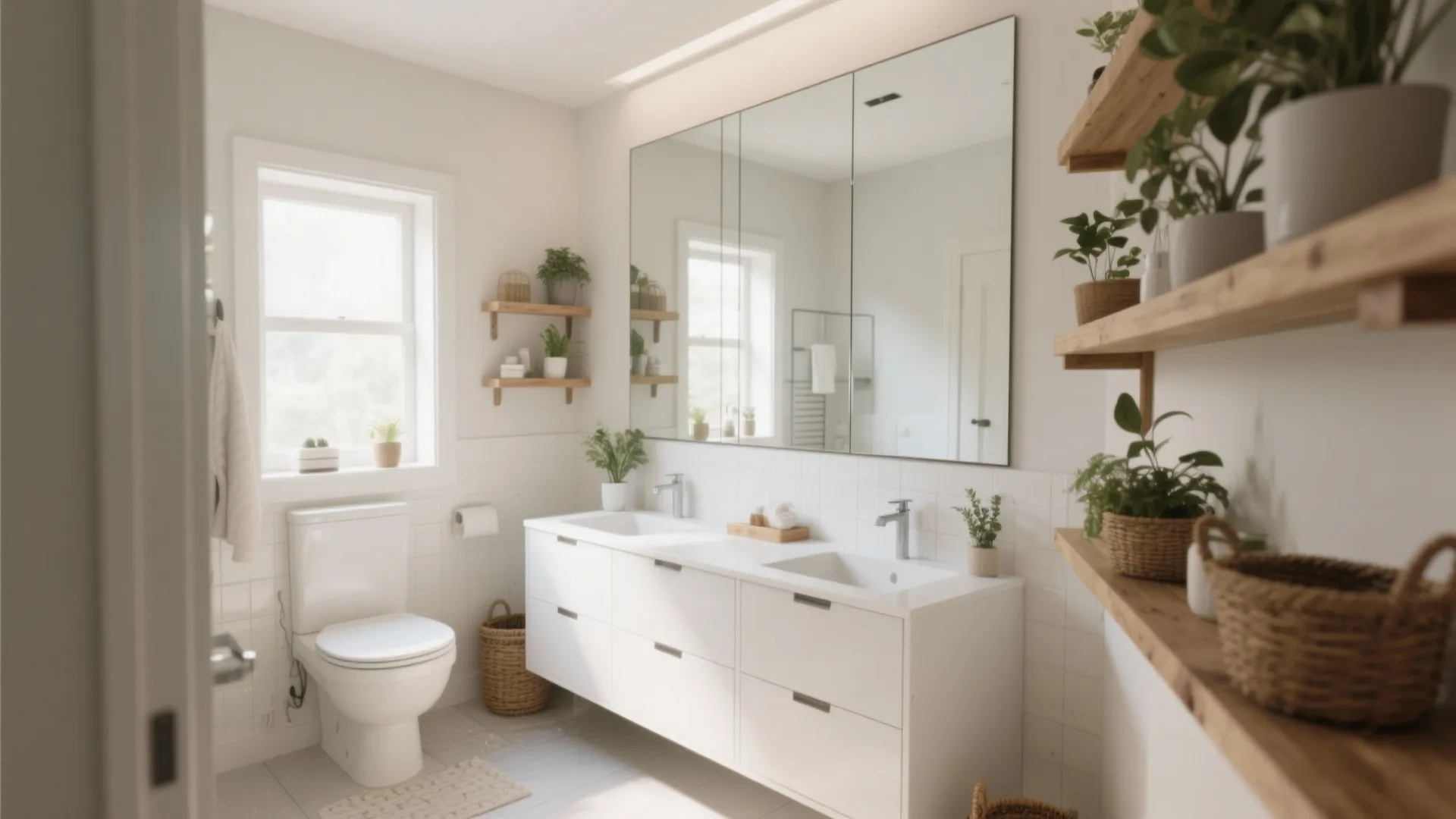 5. White cabinets + open shelving and mirrored surfaces