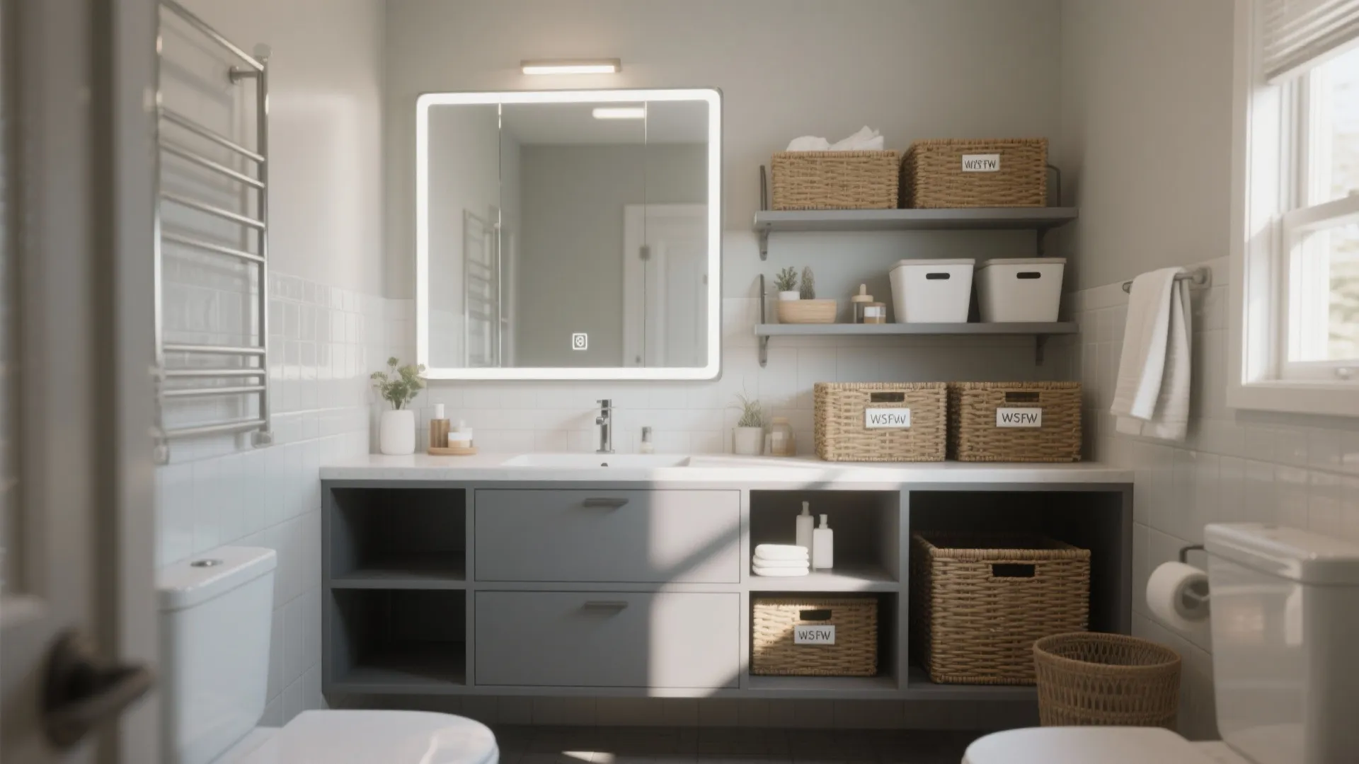 Modern bathroom with backlit mirror, grey cabinet, woven storage baskets, white toilet, and tile walls