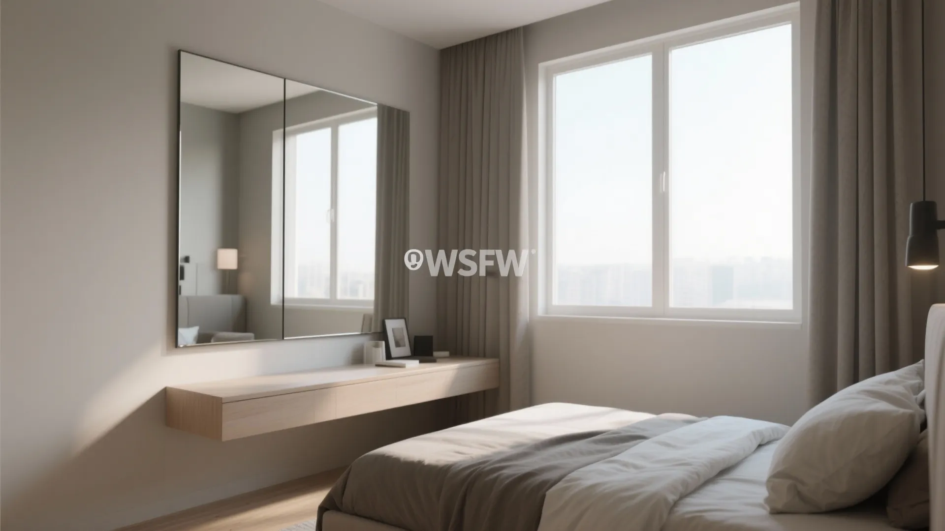 Large mirror reflecting light in a small bedroom