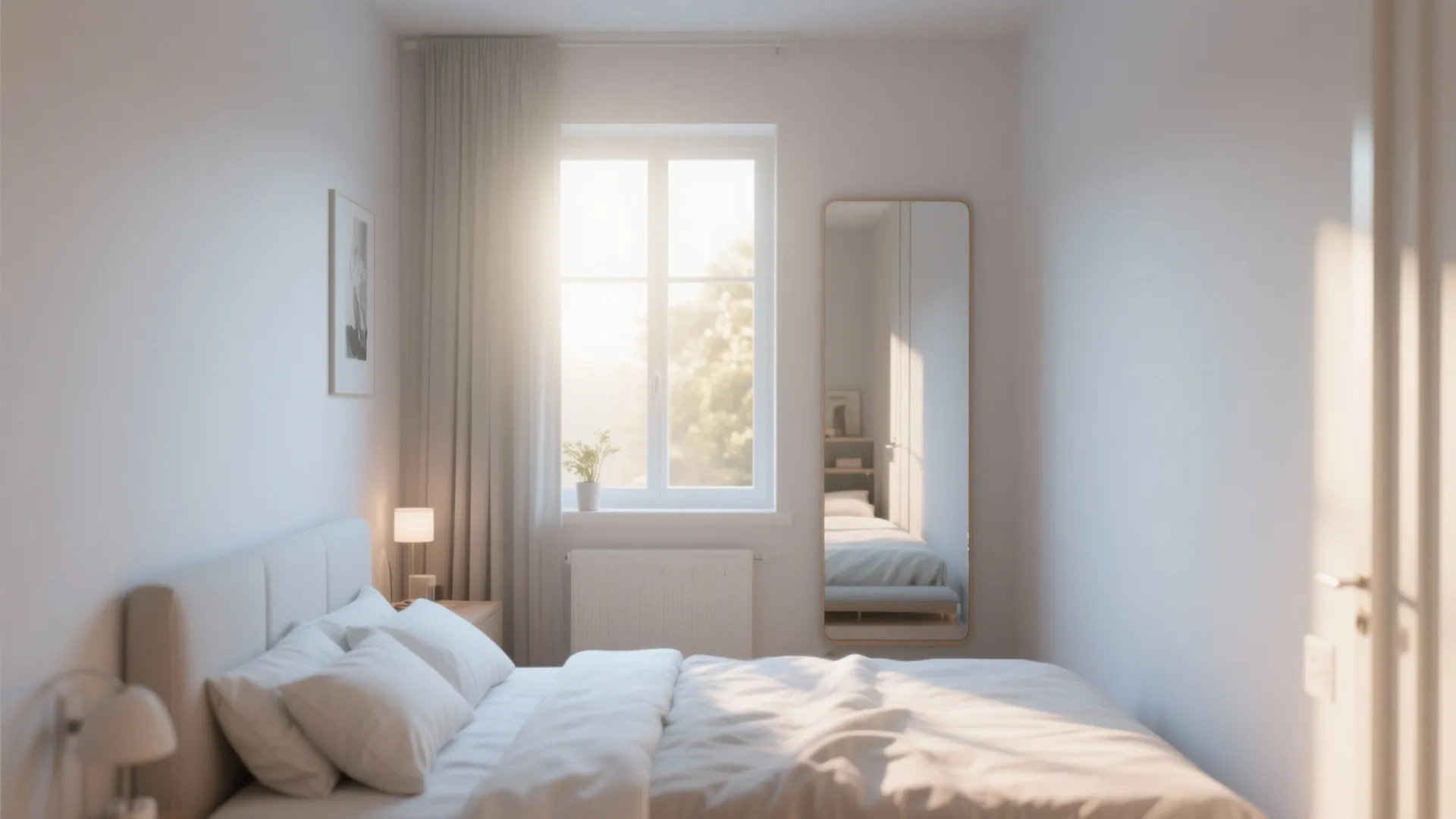 Full-length mirror opposite window reflecting daylight