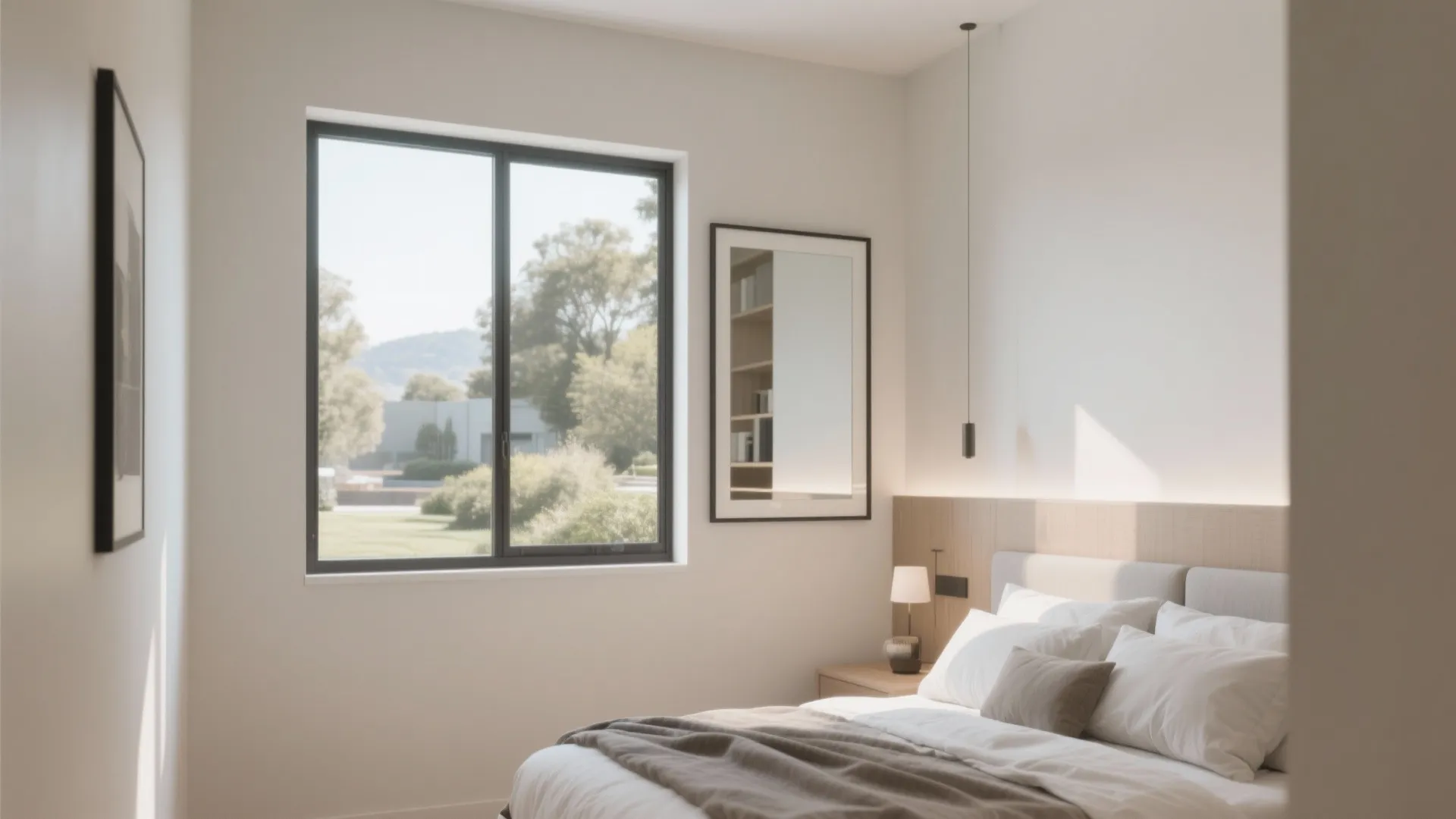 Bright modern bedroom featuring large window mirror reflecting bookshelf and warm morning light on bed