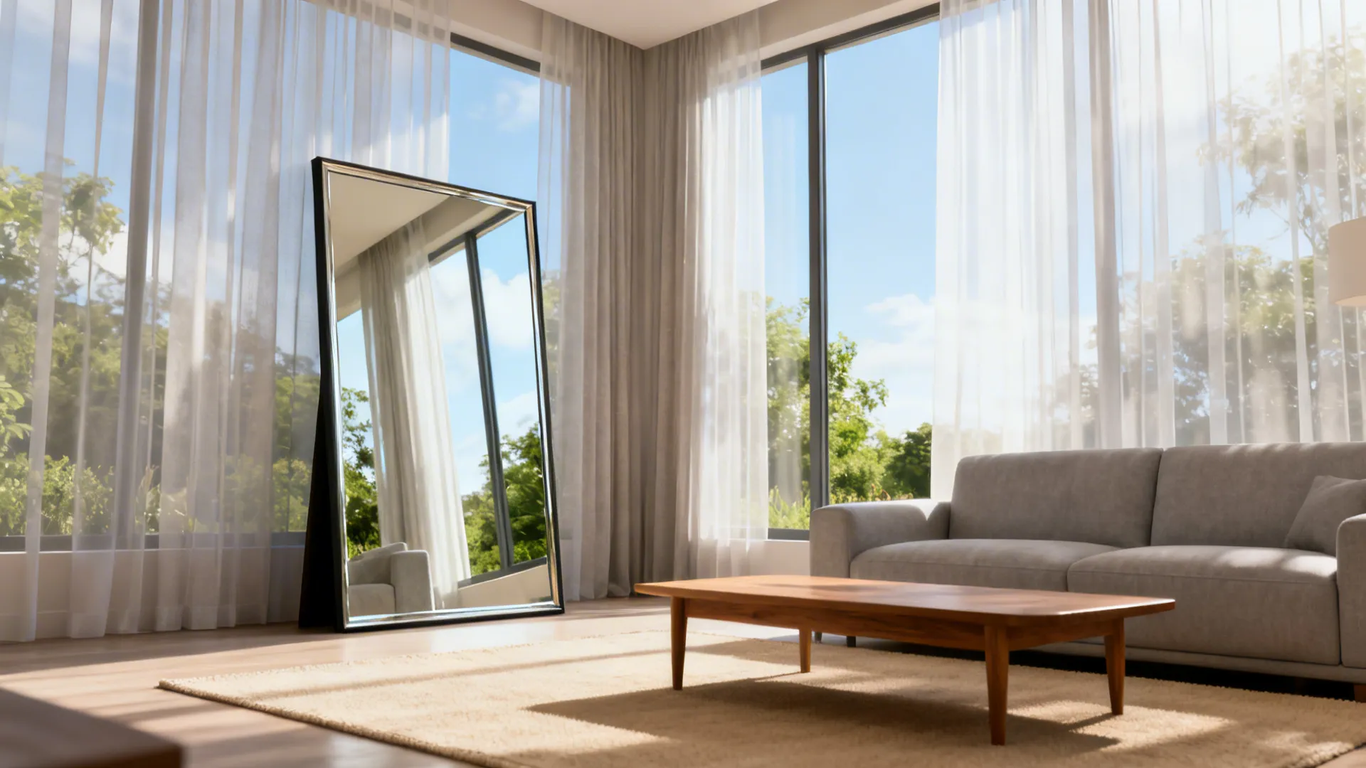 Full-length mirror opposite a window multiplying natural light with a slight tilt and sheer curtains.