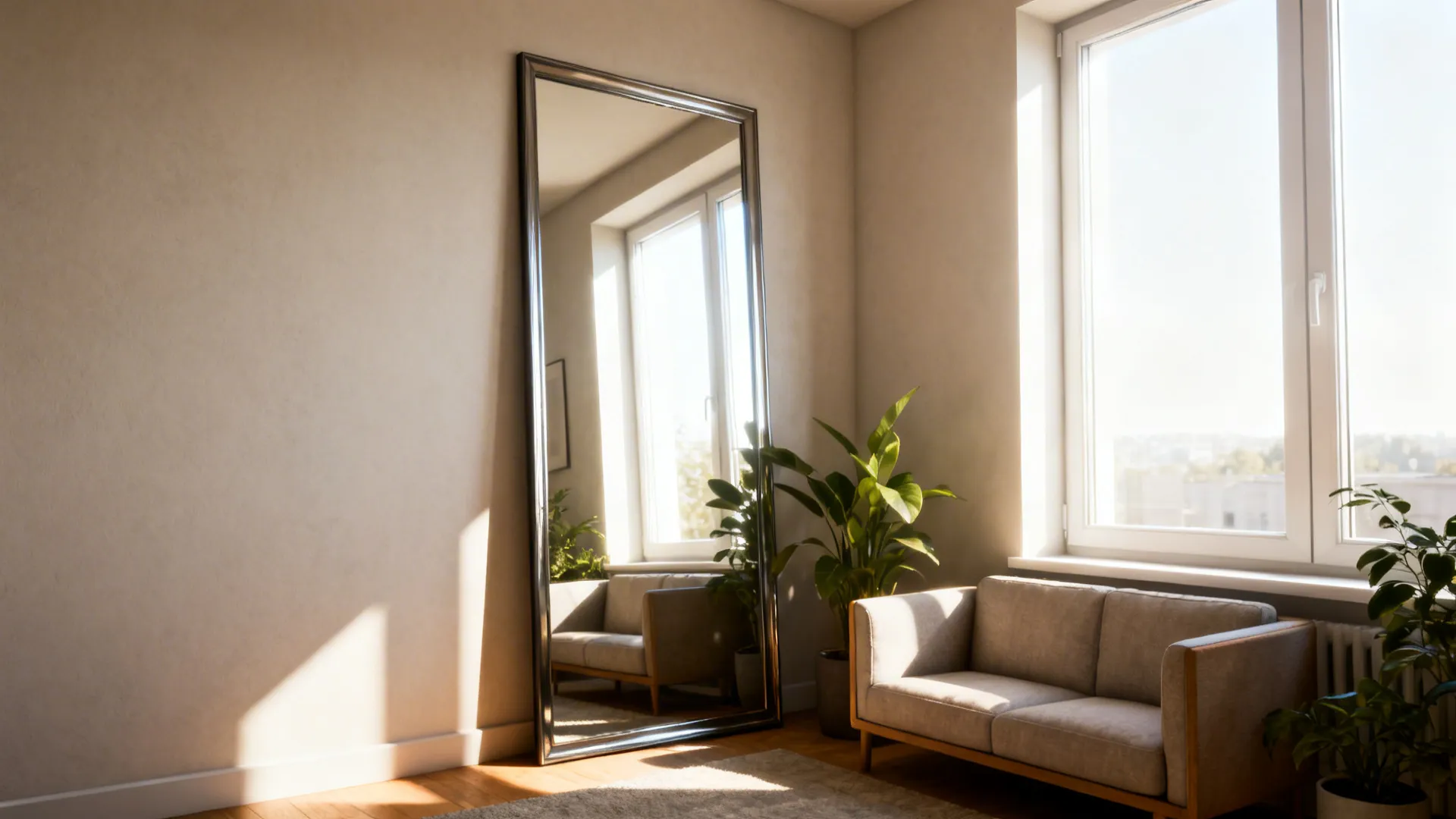 Large mirror opposite a window reflecting sunlight into a compact living room with plants and sofa.