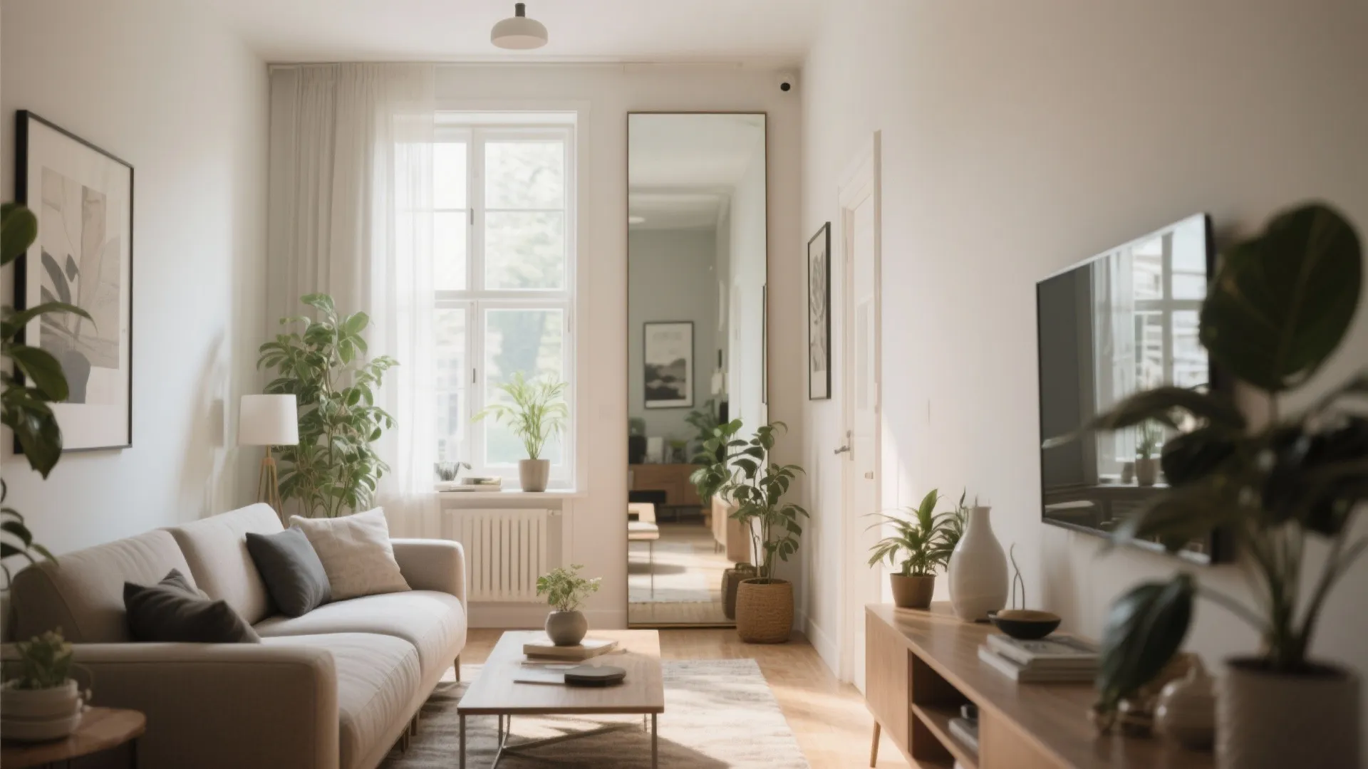 Bright living room with white sofa wooden coffee table floor mirror green plants and natural light