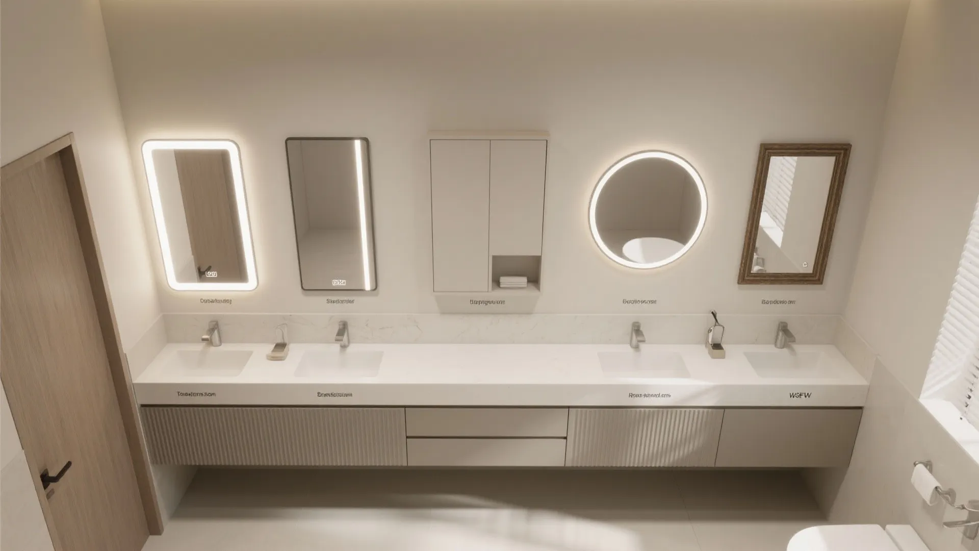 Top-down layout showing five bathroom mirror types arranged over a compact vanity zone.