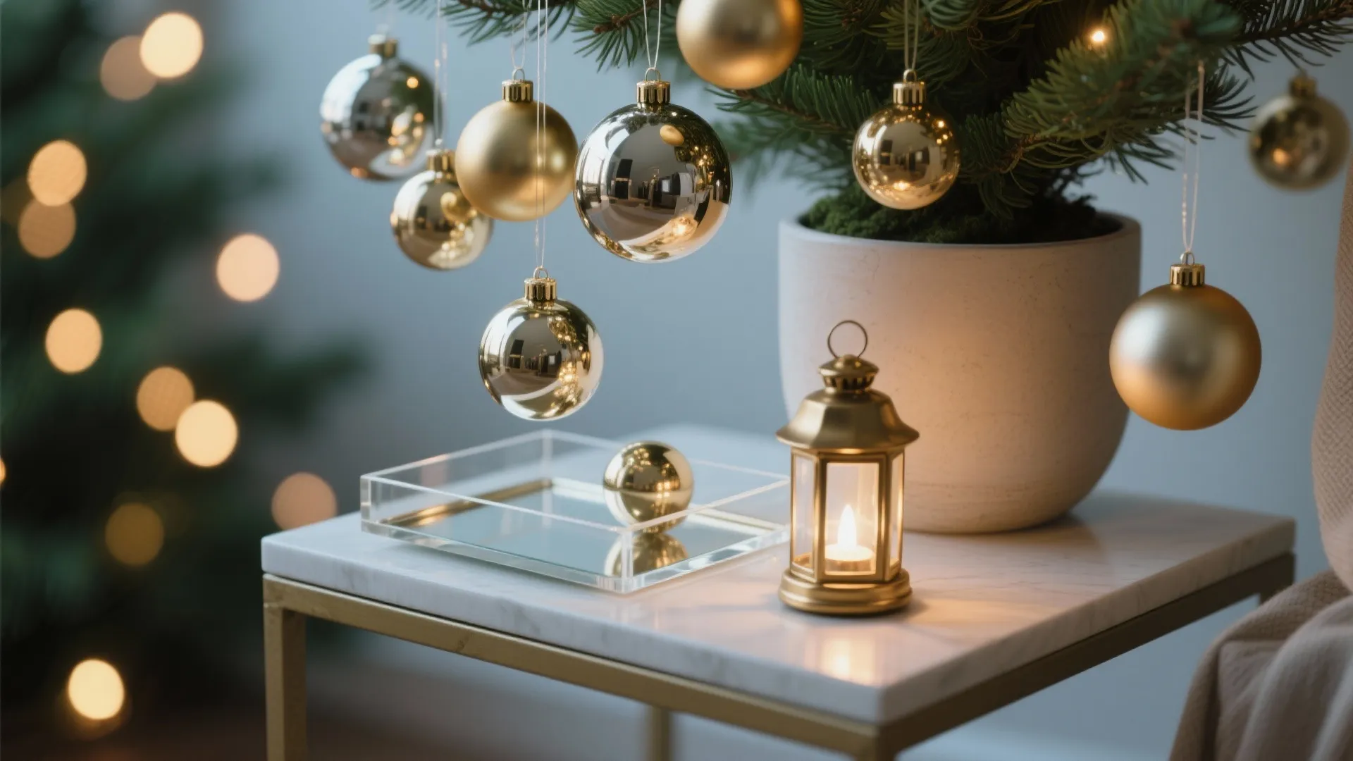 Macro of shatterproof ornaments and an acrylic mirror tray reflecting warm LED bokeh on a balcony.