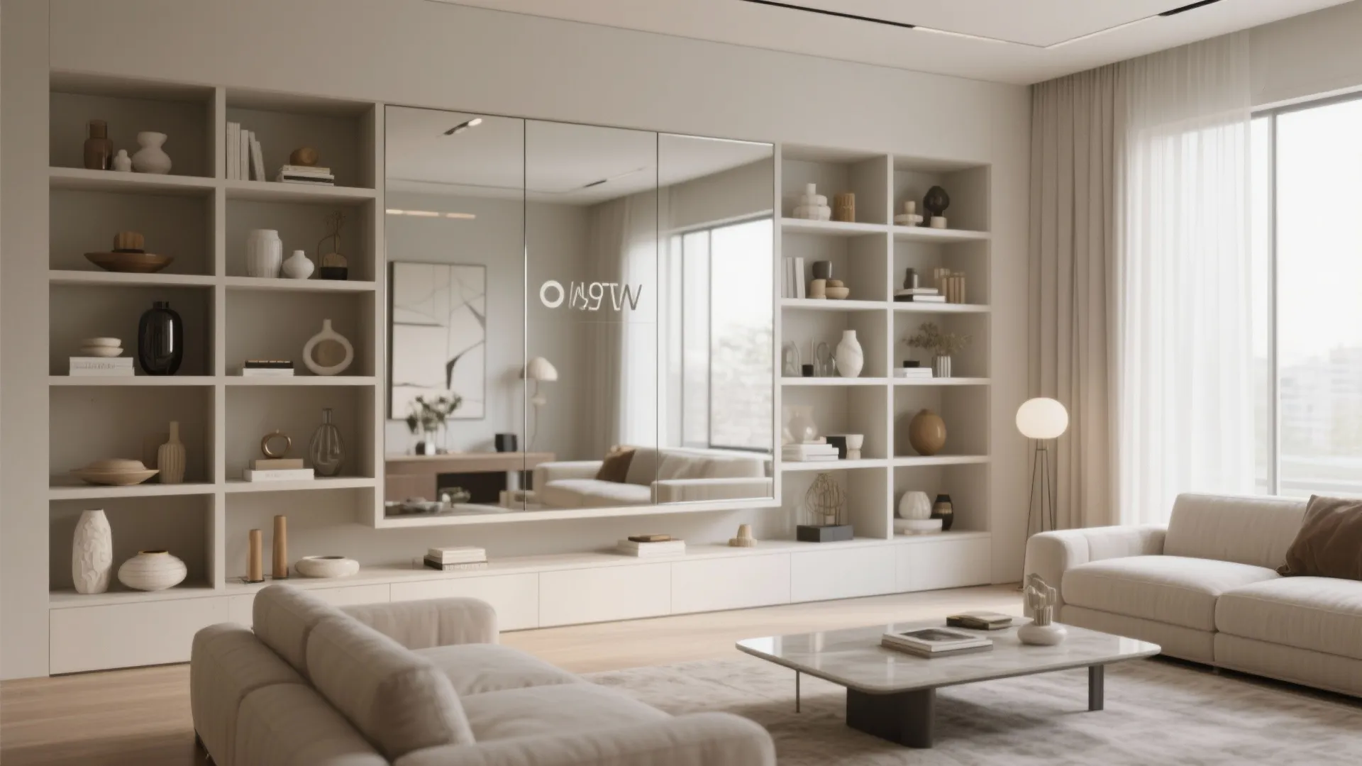 Living room built-in shelves with mirrored back panel