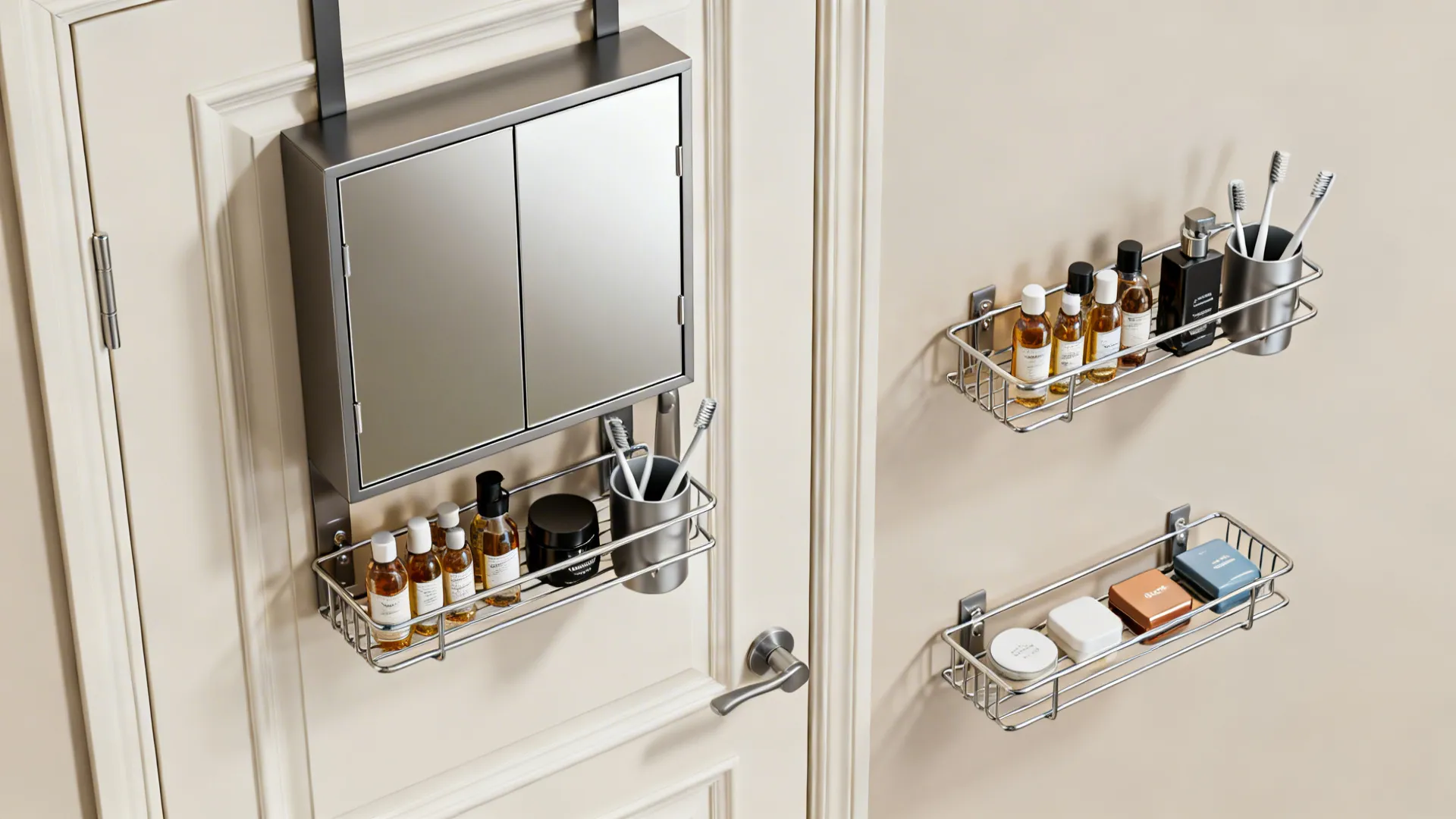Over-the-door rack and mirror cabinet with internal shelves holding toiletries.
