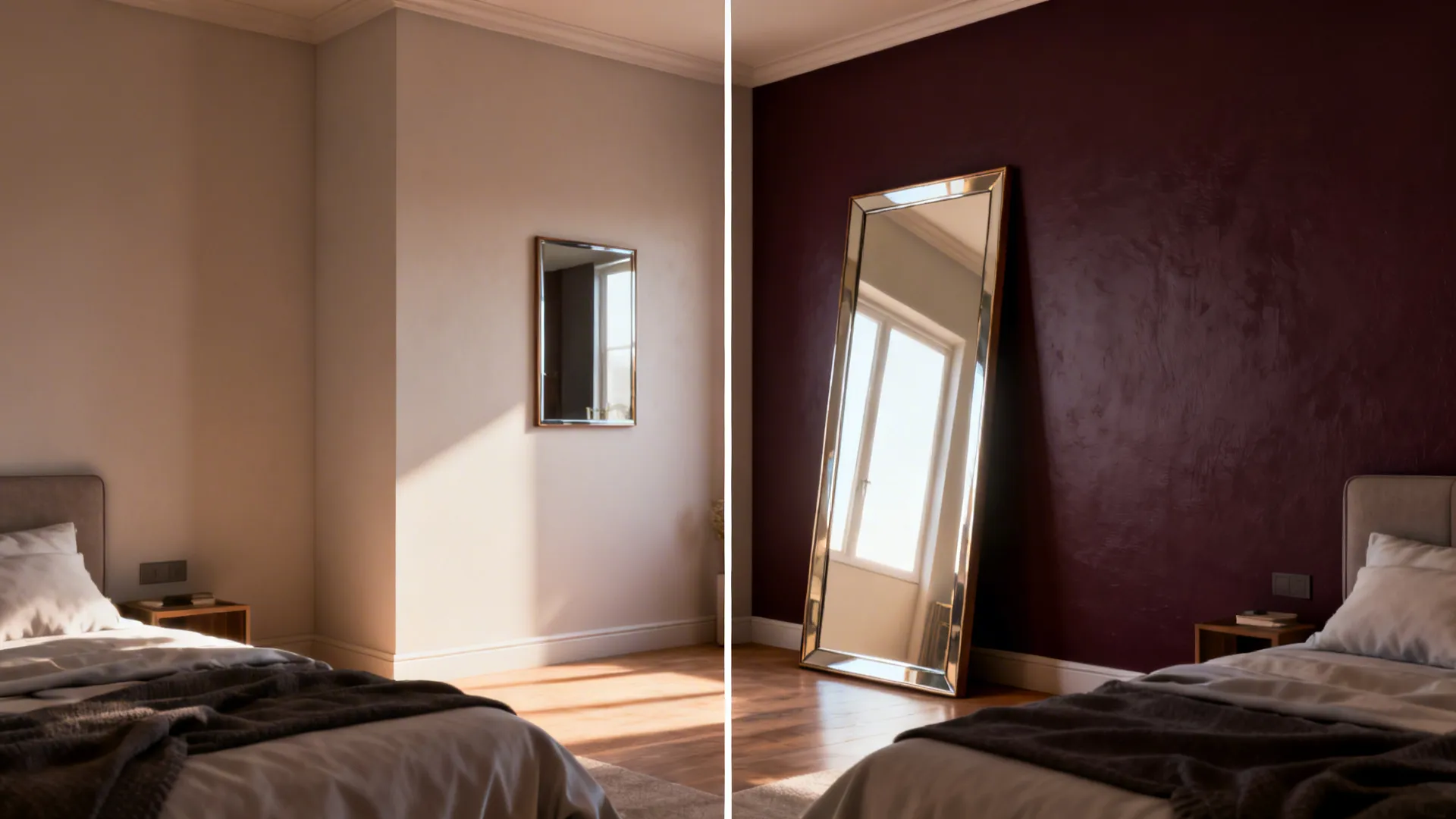 Before-and-after of a small bedroom using a deep accent wall and a large mirror to increase perceived space.