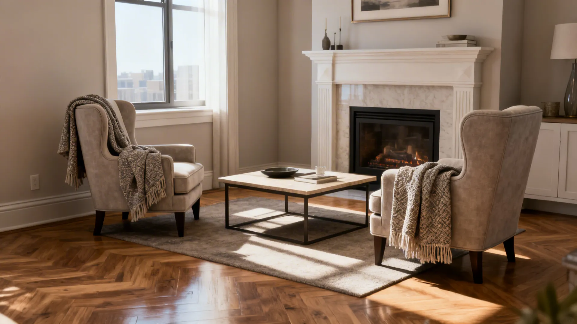 Compact living room with two matching accent chairs symmetrically placed beside a fireplace