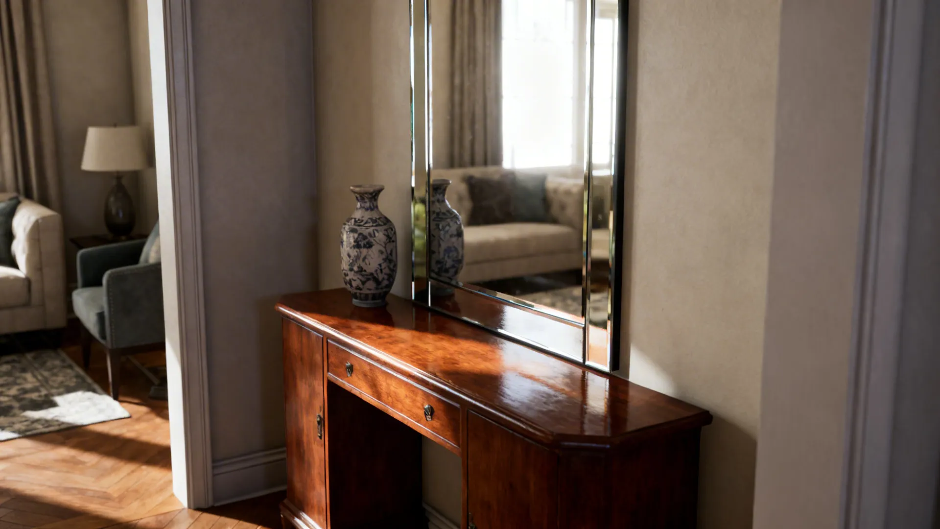 Slim mirrored panel behind a console table reflecting the living room and increasing perceived depth.