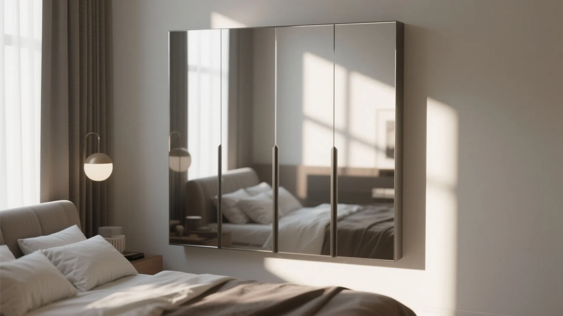 Sleek mirrored cabinet hanging on a white bedroom wall reflecting the bed and wall light