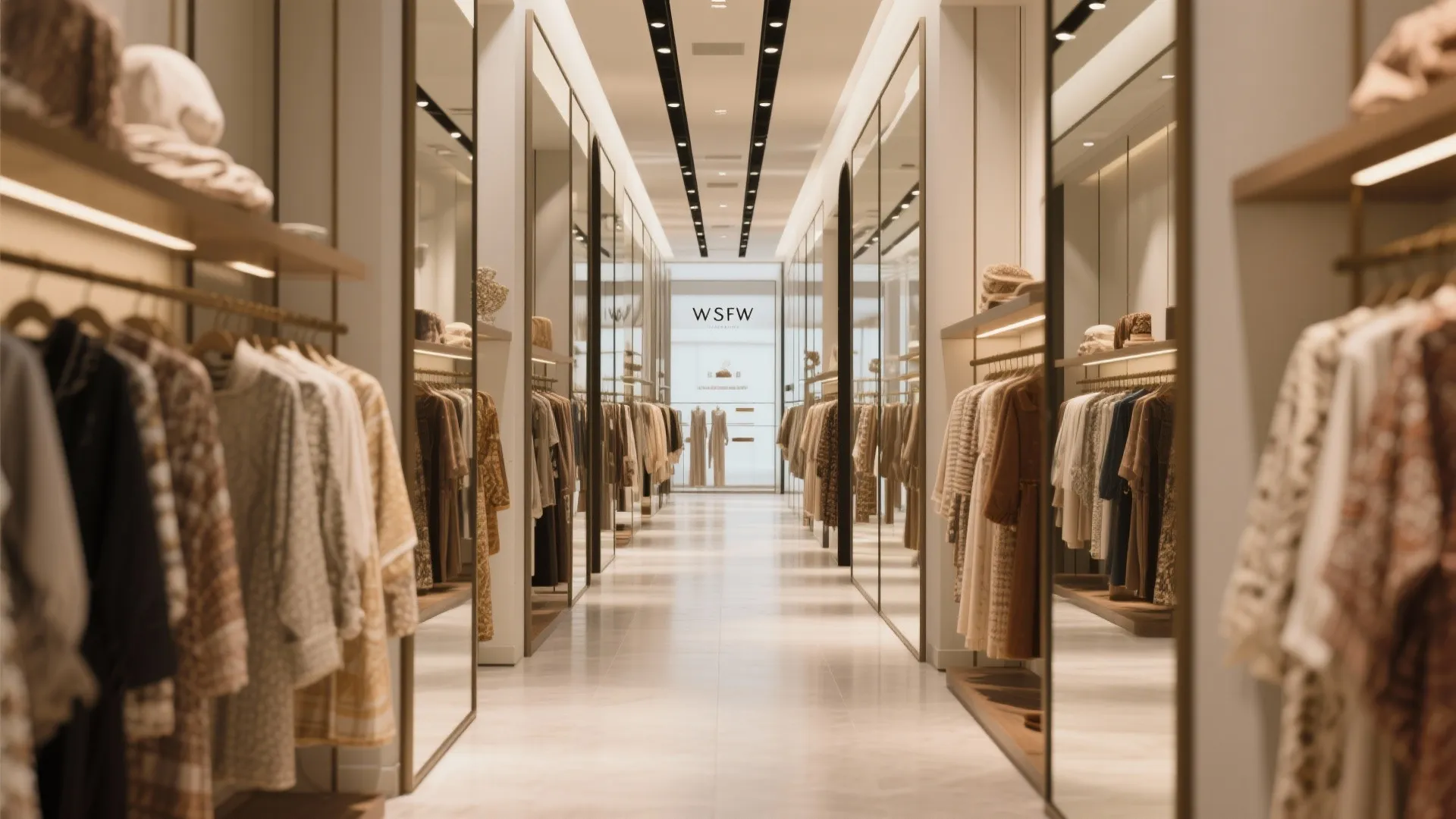 Modern clothing store interior with many wall mirrors and clothes hanging on long metal racks