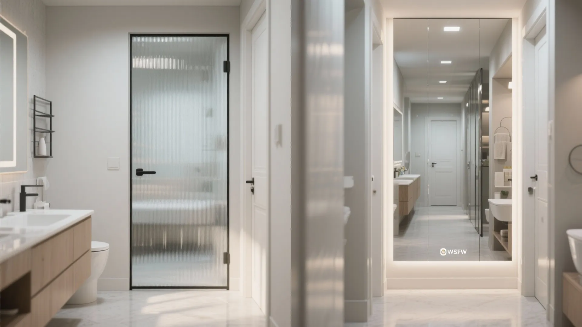 Modern bathroom hallway featuring a textured glass door and a large vertical lighted mirror panel